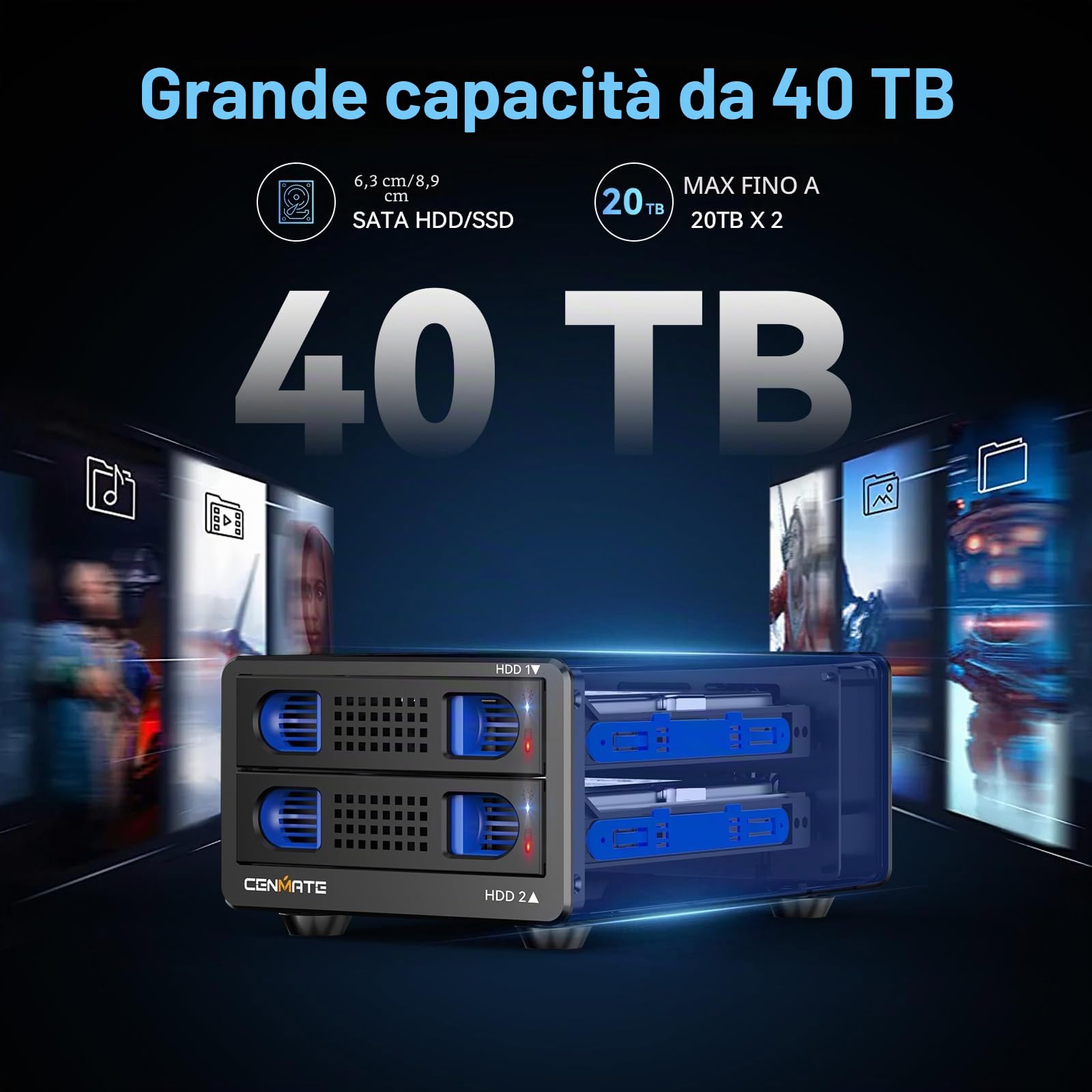 CENMATE Hard Drive Case 2 Baia in Alluminio con Ventola per HDD/SSD SATA da 2,5/3,5 con USB A/C 3.0, Supporto Hot Swappable, Espansione a Margherita, Case HDD senza attrezzi, DAS (NO RAID/NAS)