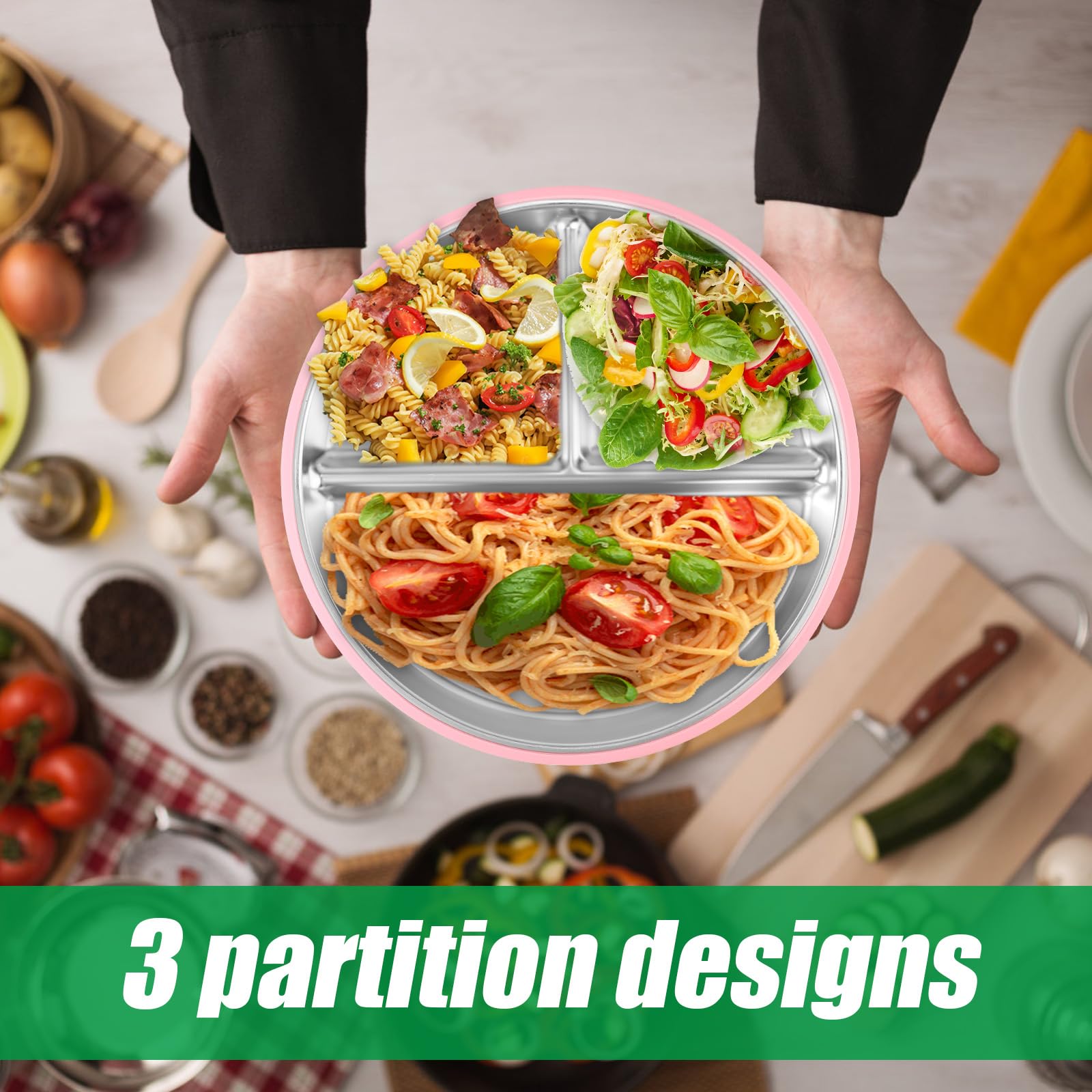 Lyreh Lot De 2 Assiettes Divisées Pour Tout-petits Avec Aspiration, 23,5 Cm De Diamètre, En Acier Inoxydable Sans BPA, Avec Base à Ventouse En Silicone, Passent Au Micro-ondes Et Au Lave-vaisselle