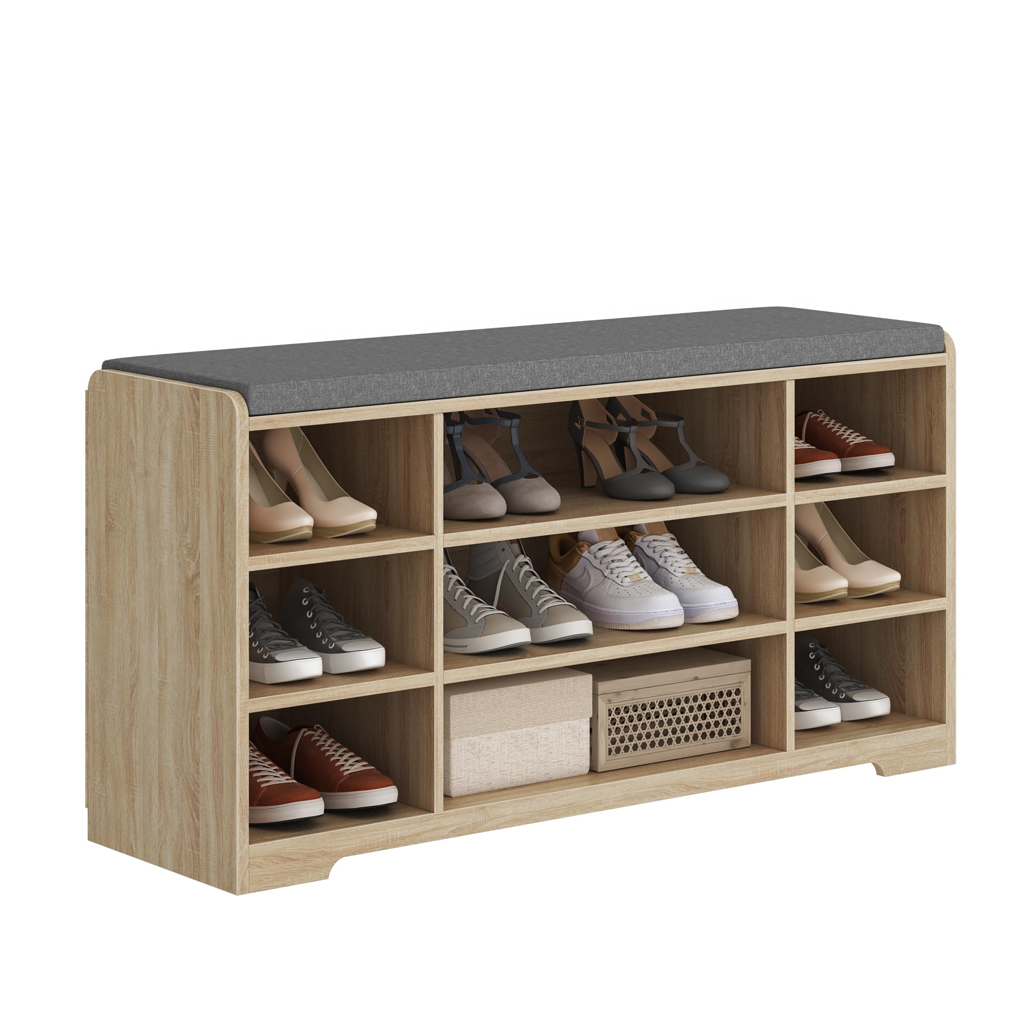 HzuaneriBanc à Chaussures, 9 Compartiments, Ivoire Clair | Meuble de Rangement Chaussures réglable, Assise Rembourrée, pour Entrée, l'entrée, la Chambre, SB10016GY