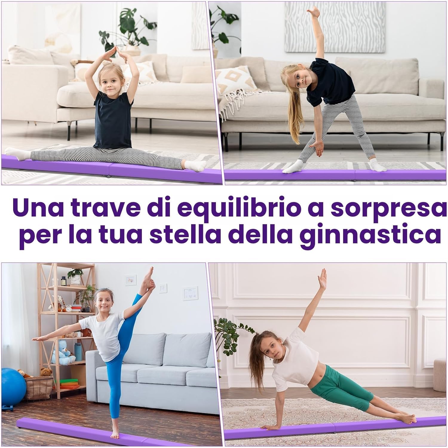 Poutre Gymnastique Pliable Violet 2,1 m 220 LB Simili Cuir Suédé Barre Gymnastique Enfant