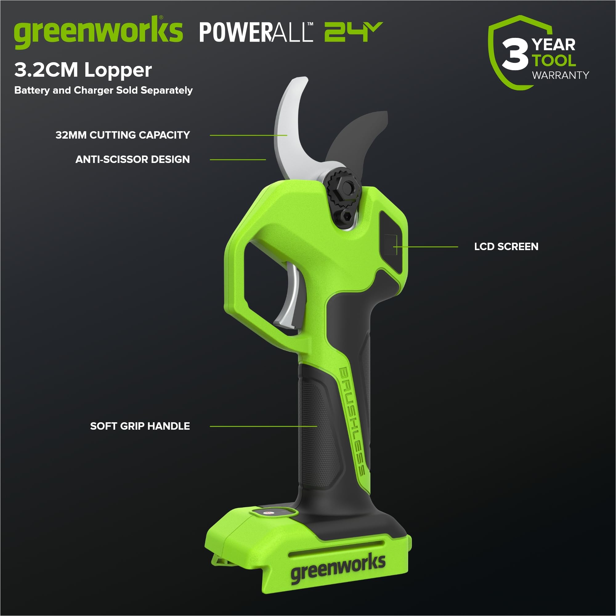 Greenworks Tijera Eléctrica 24V Solo Herramienta, Motor Brushless, Cuchillas Acero Láser, Apertura 22/32 mm, Pantalla LED, Tijera Poda Batería LP1212A1