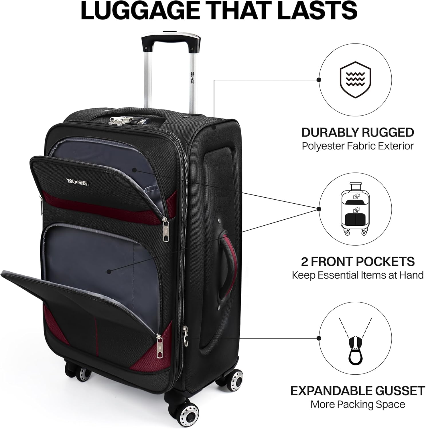 32'' Large Softside Suitcase,Expandable 15% Luggage,with Double Spinner Wheels and LOCK,Lightweight Travel Suitcase for Men/Women（Black-Burgundy,32in）