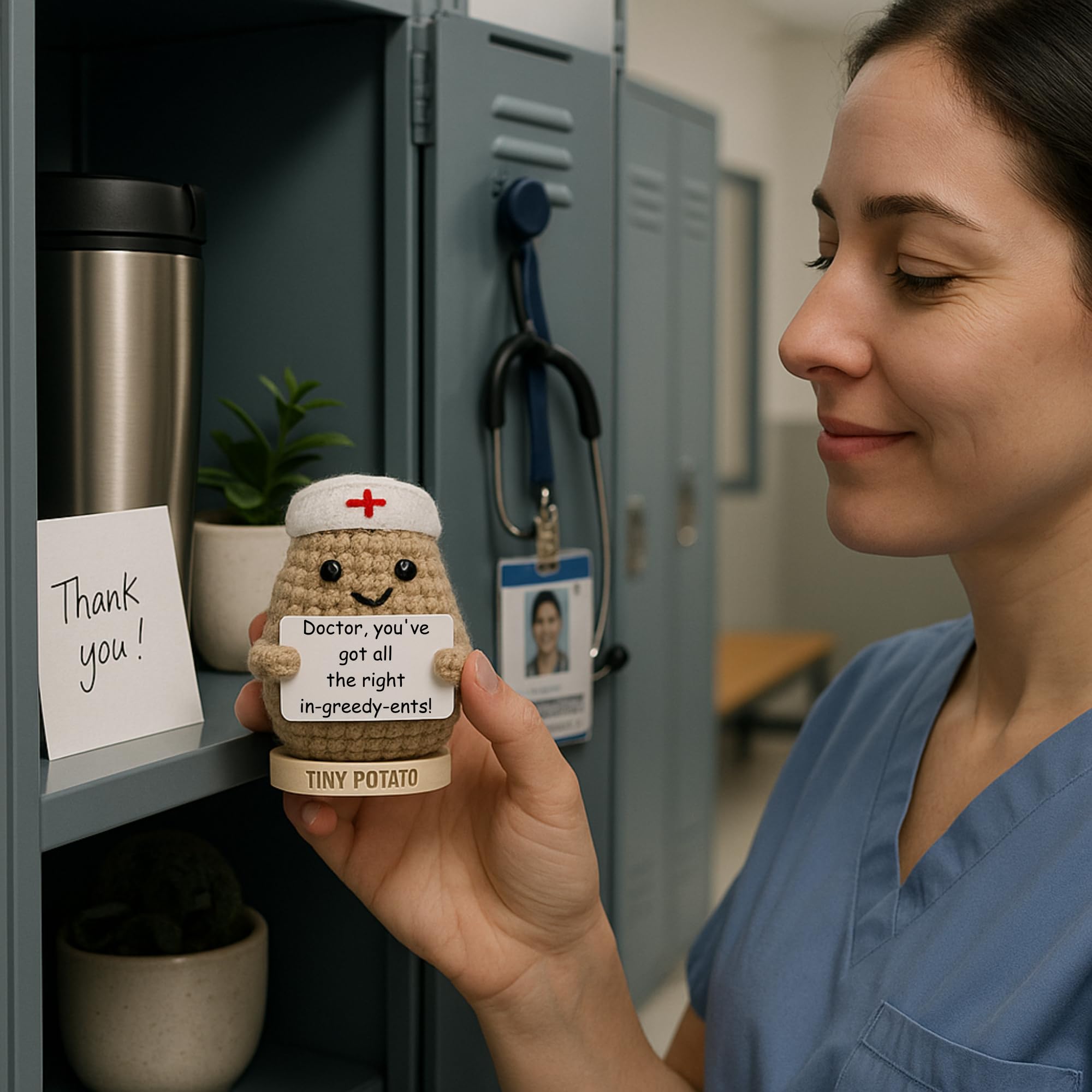 Doctor Gifts - Handmade Crochet Potato Doll with 30 Cute Appreciation Signs for Doctors - Funny Gift Idea for Women DR for Birthday, Mothers Day, Retirement - Bulk Staff Appreciation Thank You Present