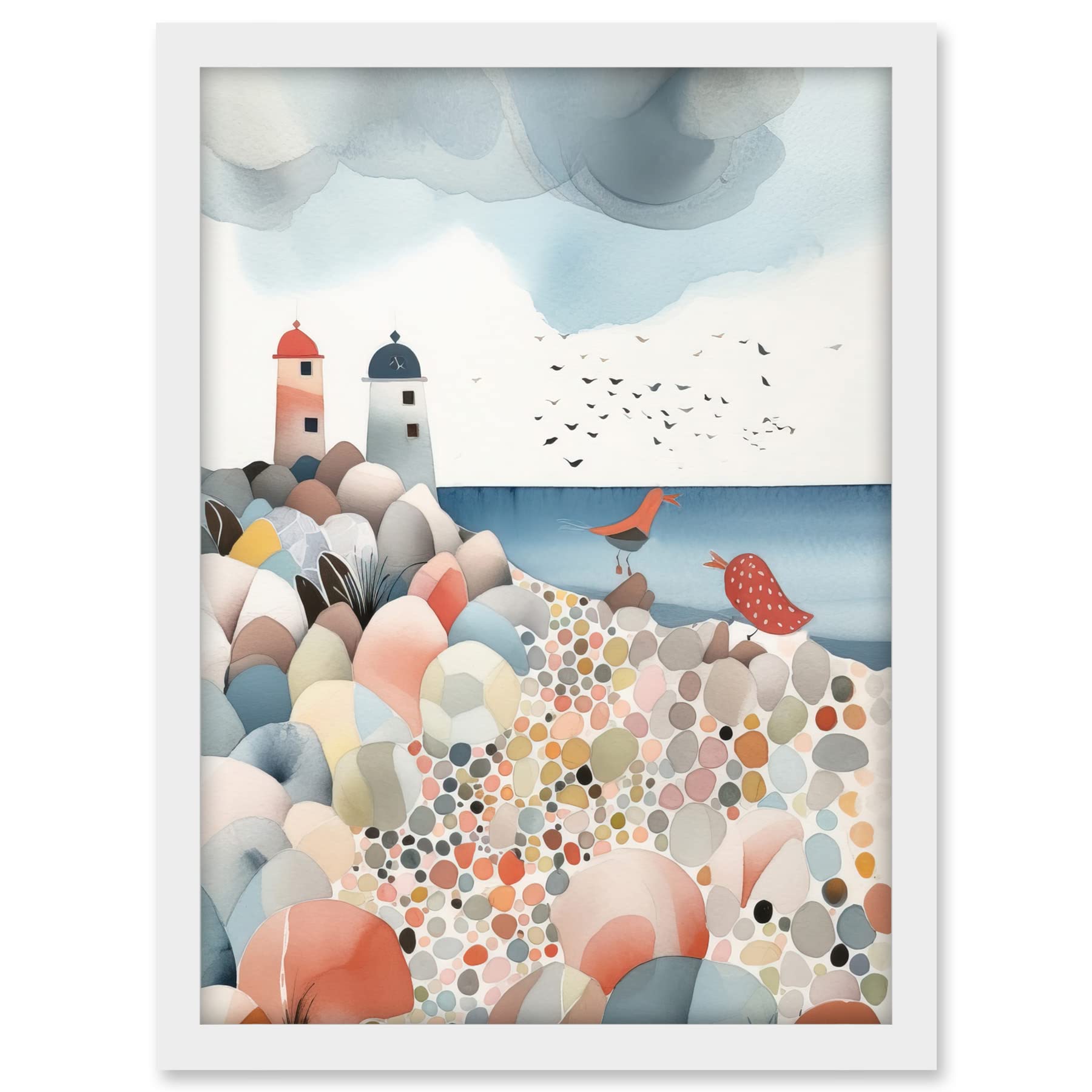 Artery8 Lighthouses On Multicoloured Pebble Beach Watercolour Painting Artwork Framed A3 Wall Art Print