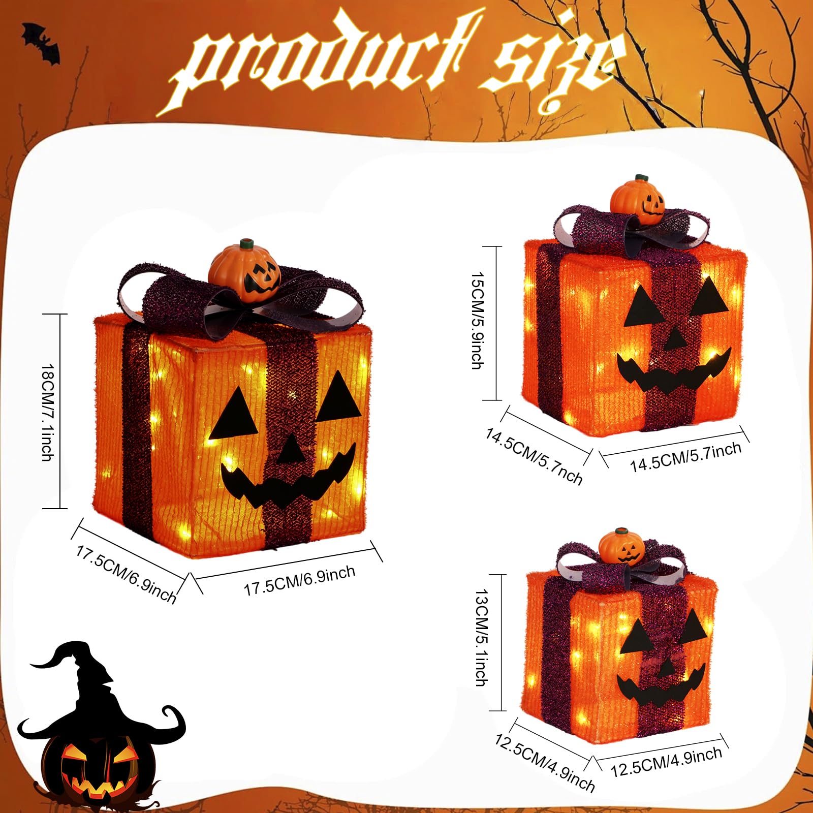 Scatole regalo di Halloween, decorazioni per luci, 3 pezzi, alimentate a batteria, con luci LED calde, per interni ed esterni, cortile, portico, giardino, decorazione