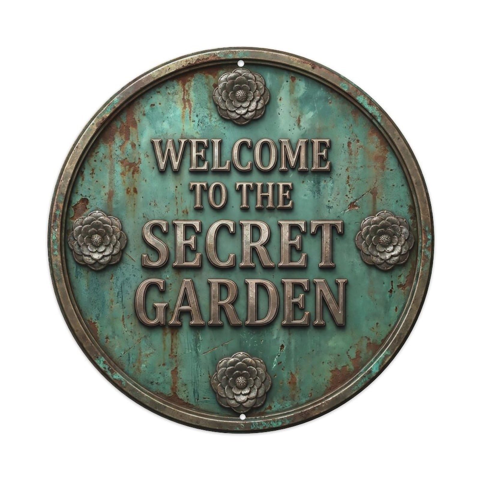 Vintage Welcome Secret Garden Pewter Teal Camellia Metal Tin Sign