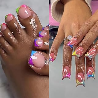 BABALAL 48Pcs Duck Nails press on & Press on Toenails Matching Set Glossy Glue on Nails Colorful Rainbow French Tip Fake Nails Acrylic Nails Kit Summer False Toe Nails with Design