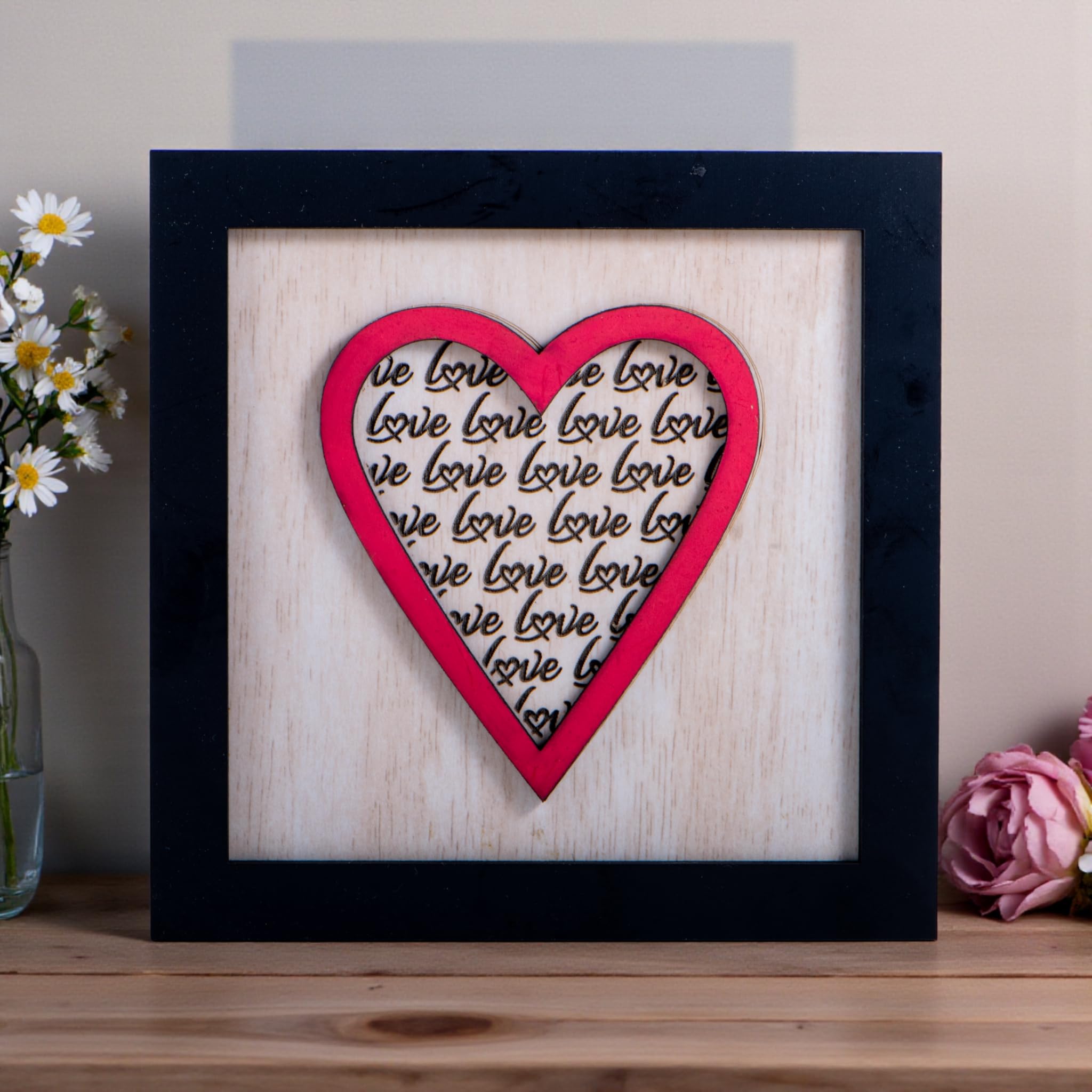 Mini Wooden Love Frame | Heart Engraved MDF Wall & Table Decor | Cute Romantic Mini Frame Showpiece | Gift for Valentine, Anniversary, Birthday, Couple