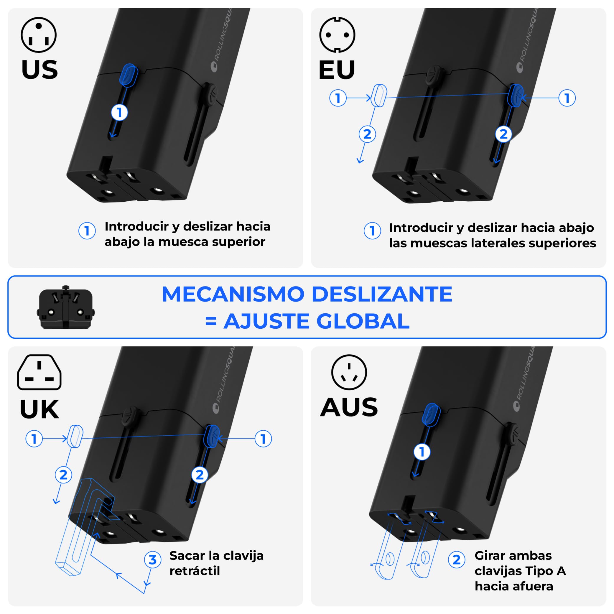 Rolling Square Portable Pocket Travel Adapter - Adaptador de Viaje de Bolsillo Portátil, Cargador USB-C Universal para 200+ Países US, EU, UK, AU, Carga Rápida 30W para Smartphones, Compacto, Negro