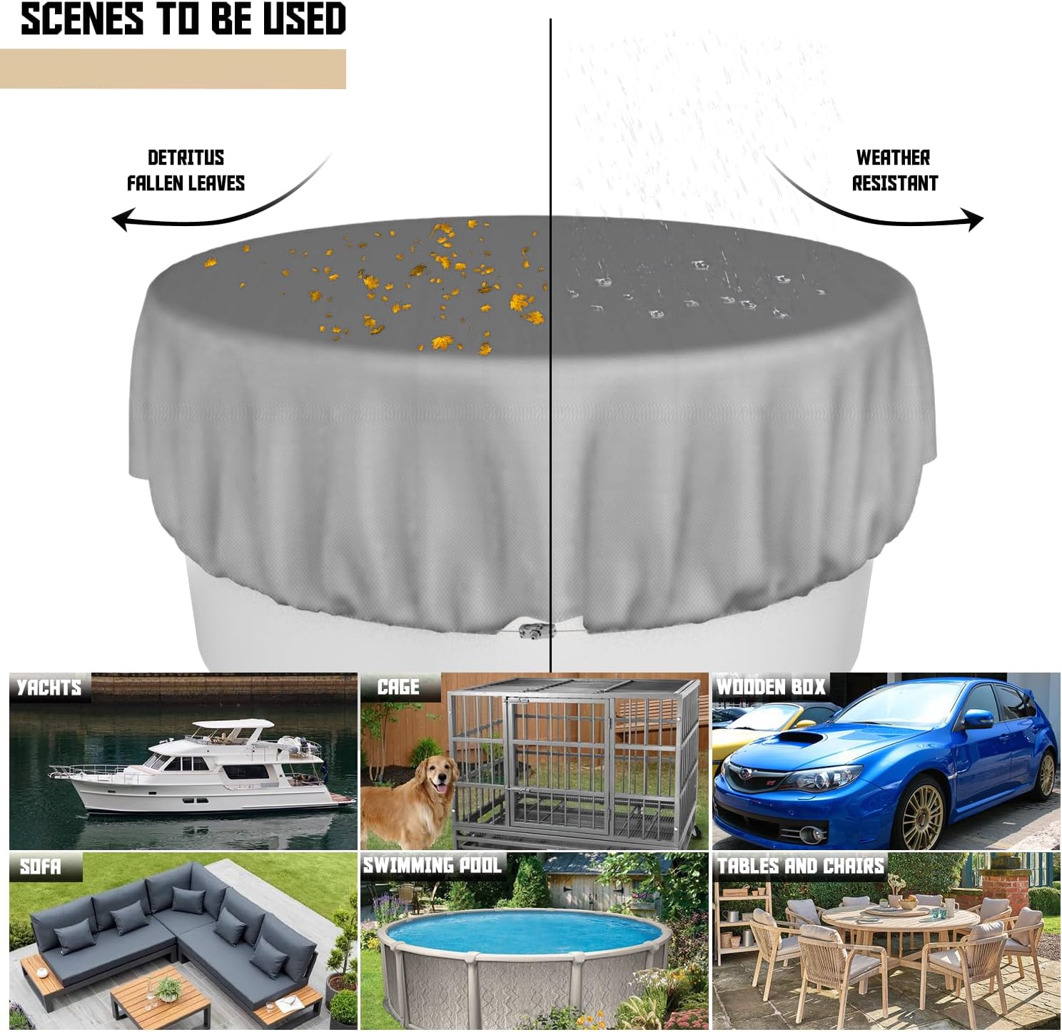 Bynbbur 9 FT Waterproof Patio Furniture Cover with Wire Rope Hemmed All Edges, Round Pool Covers for Above Ground, UV Resistant Tarp for Deck Seat Couch Patio Table Chair Set Cover, Gray