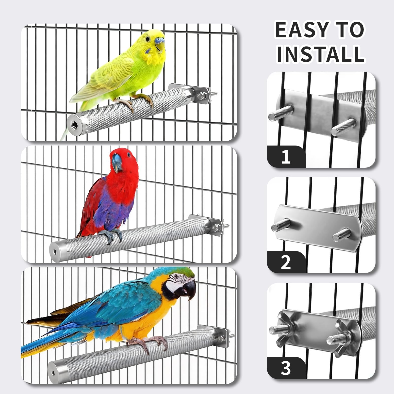 AOTU Percha grande de acero inoxidable para loros, soporte para pájaros, para jaula, percha duradera para cortar picos y garras para pájaros, accesorio de jaula de loro (L: 30 x 3 cm)