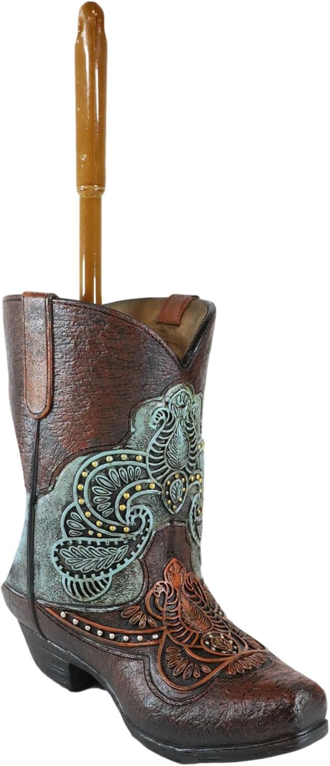 Ebros Gift Rustic Vintage Southwestern Turquoise Lace Patterns Faux Tooled Leather Cowboy Boot Toilet Bowl Cleaner Brush and Base Holder Bathroom Gift 2 Piece Set Western Boots Accent Decor