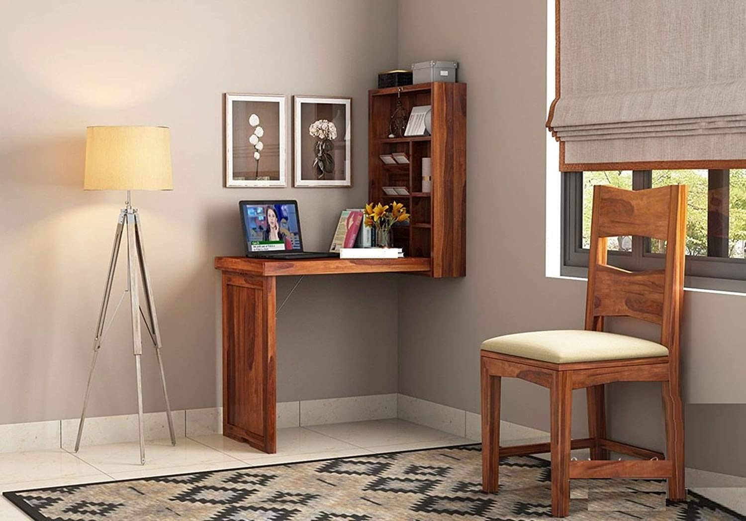 WoodMarwar Sheesham Wood Study Table Workstation for Adult | Laptop Computer Desk Wall Mounted Folding Study Desk with Shelf Storage for Home & Office | Honey Finish