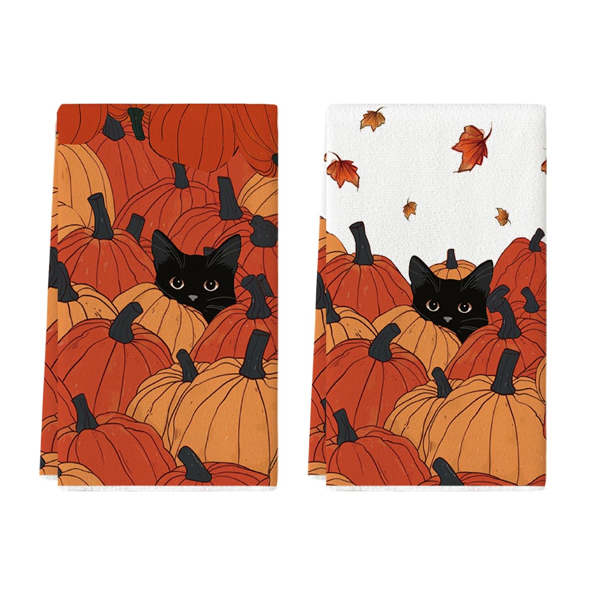 Artoid Mode Pumpkin Balck Cat Fall Kitchen Towels Dish Towels, 18x26 Inch Farmhouse Maple Leaves Decoration Hand Towels Set of 2