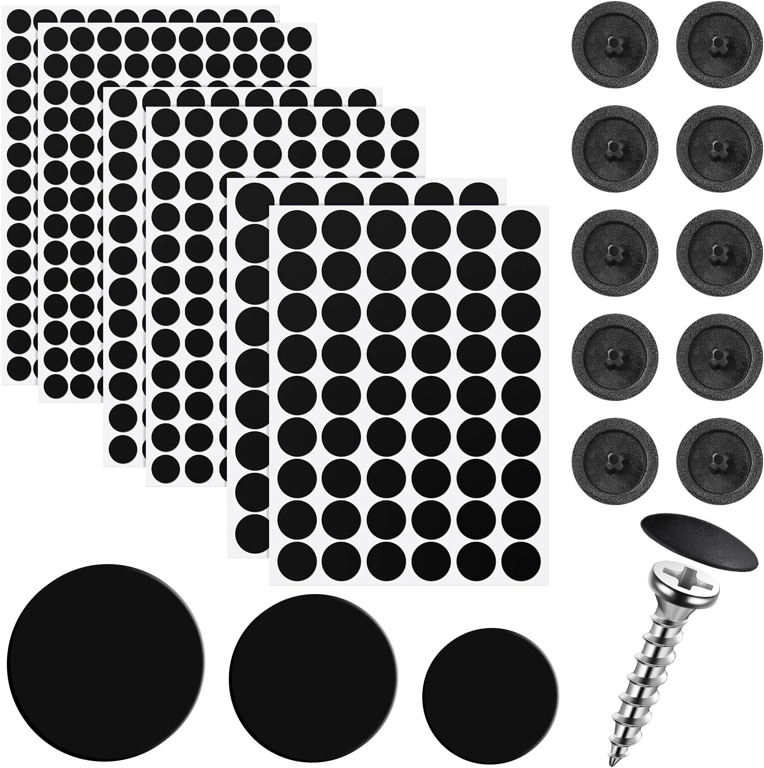Eersida 100 Pcs Screw Caps Covers Plastic Self Tapping and 580 Pieces Self Adhesive Furniture Screw Hole Cover Stickers for Wood Furniture(Black)