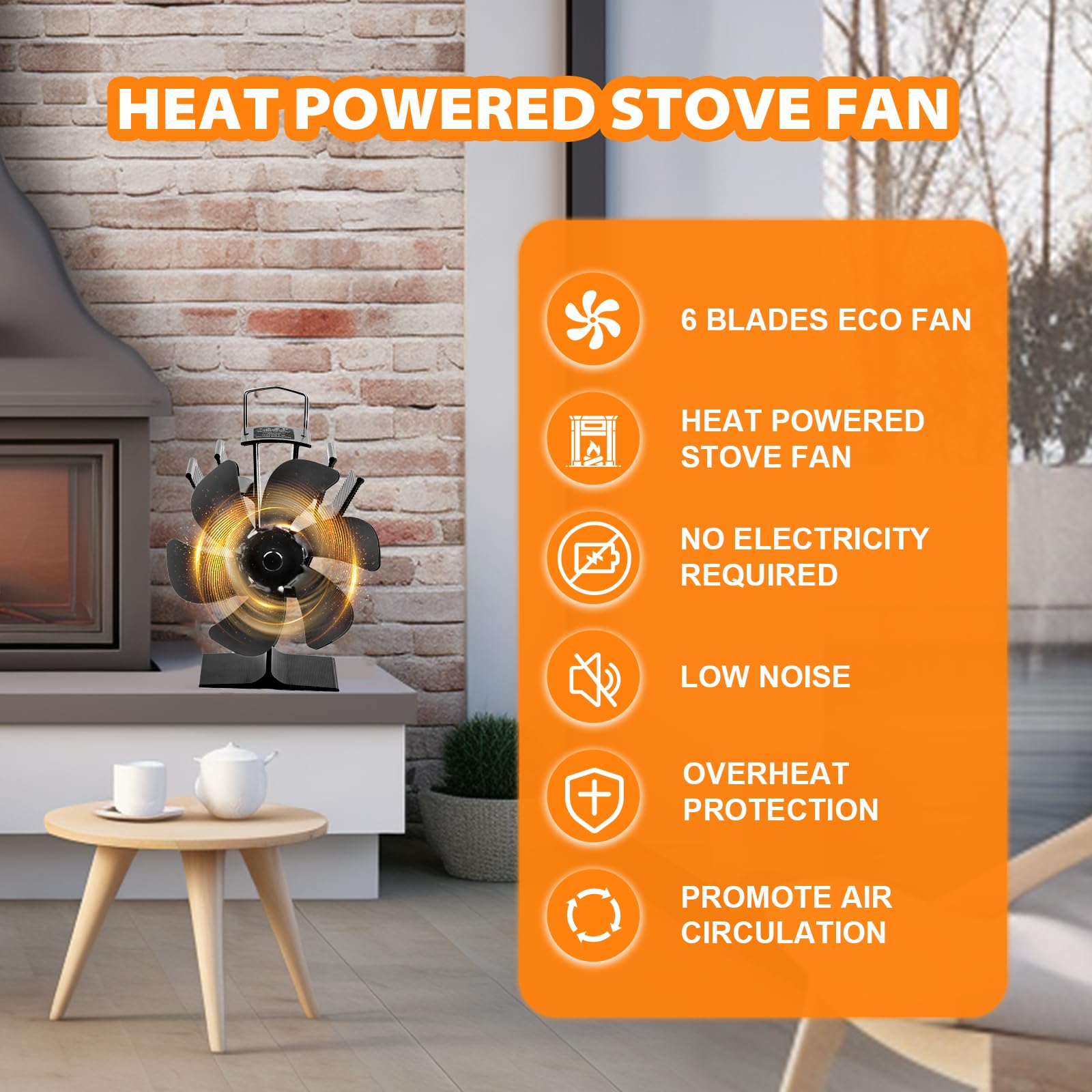 KAEFUYS Ventilatore per Stufa a Legna, Ventola da Caminod con 6 Pale, Ventola Stufa Silenzioso Distribuzione Efficiente del Calore, Ventilatore per Camino per Bruciatore di Tronchi Stufa