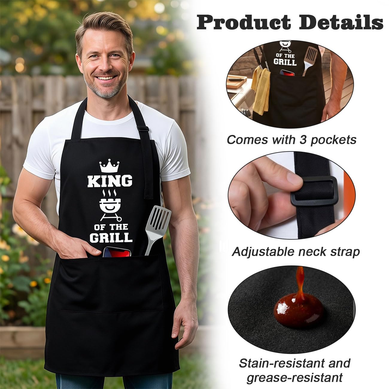 Fartuch do grillowania dla mężczyzn z napisem „King Of The Grill” – wodoodporny fartuch kuchenny z trzema pojemnymi kieszeniami, dla kobiet i mężczyzn, do grillowania i gotowania, czarny