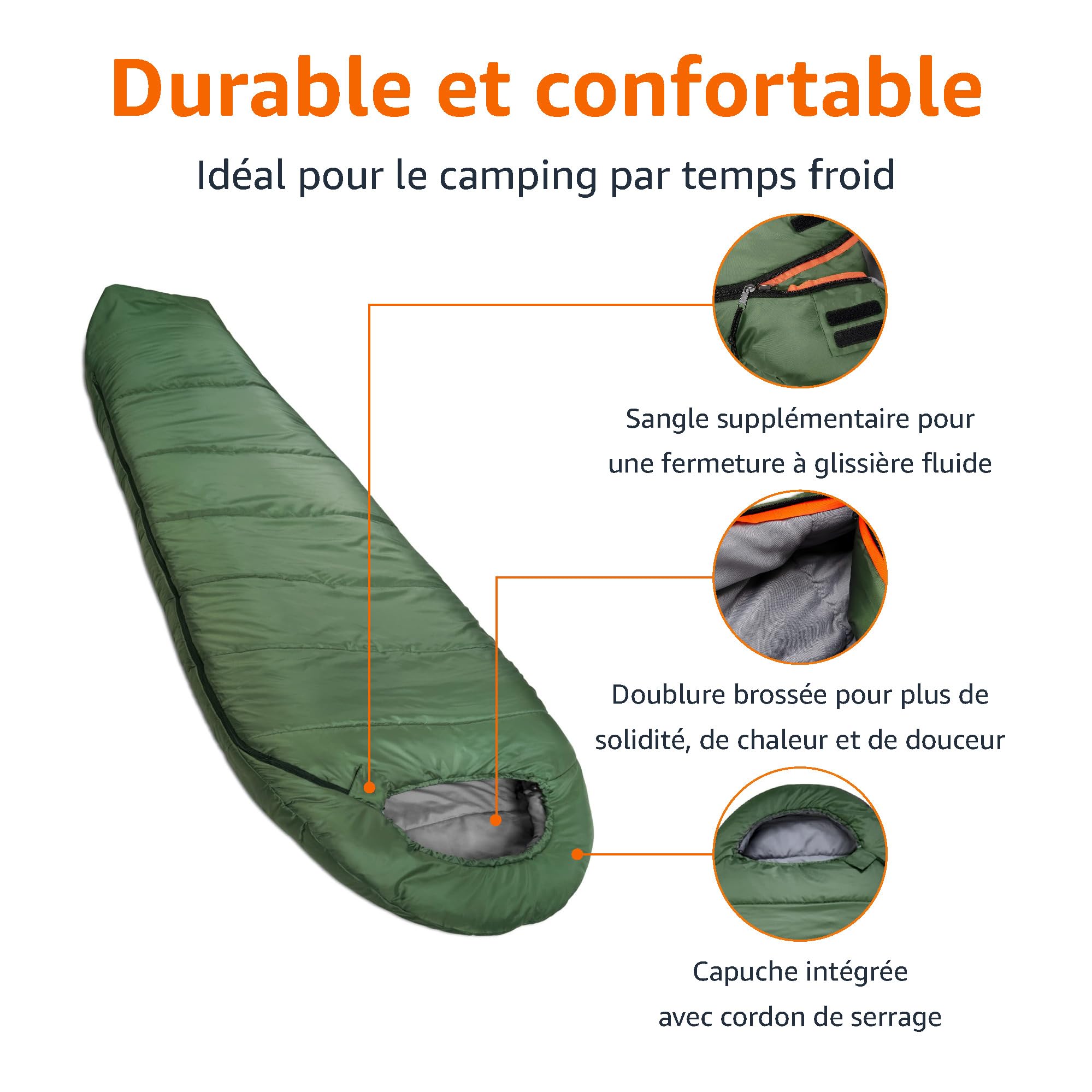 Amazon Basics Sac de couchage pour le camping et la randonnée par temps froid, léger, style momie, vert olive