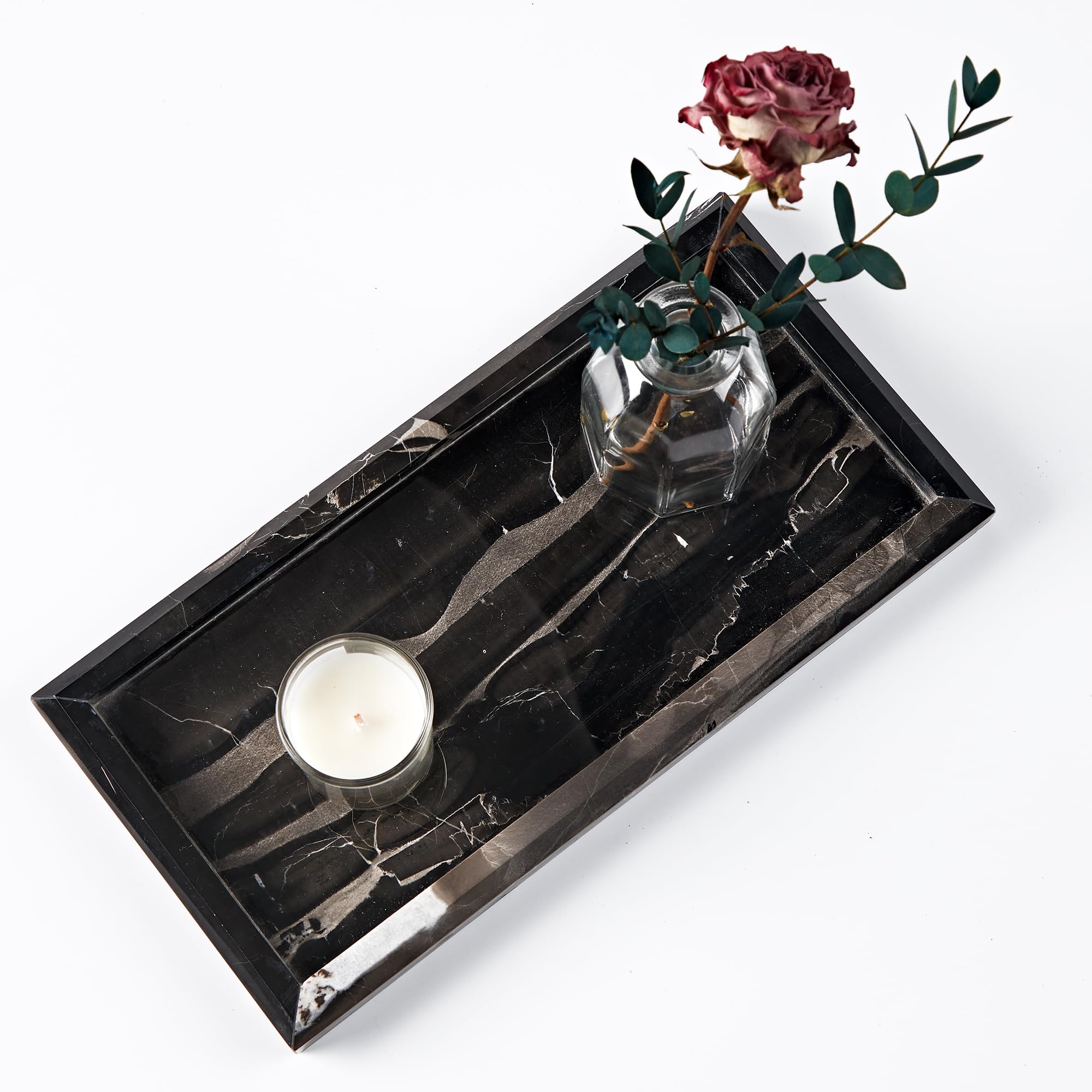 Natural Black Marble Tray, Elegant Texture Dresser Catchall Tray, 12 x 6 x 0.87 Inch Rectangular Jewelry Storage Platter, Genuine Marble Storage Platter for Bathroom, Kitchen, Coffee Table