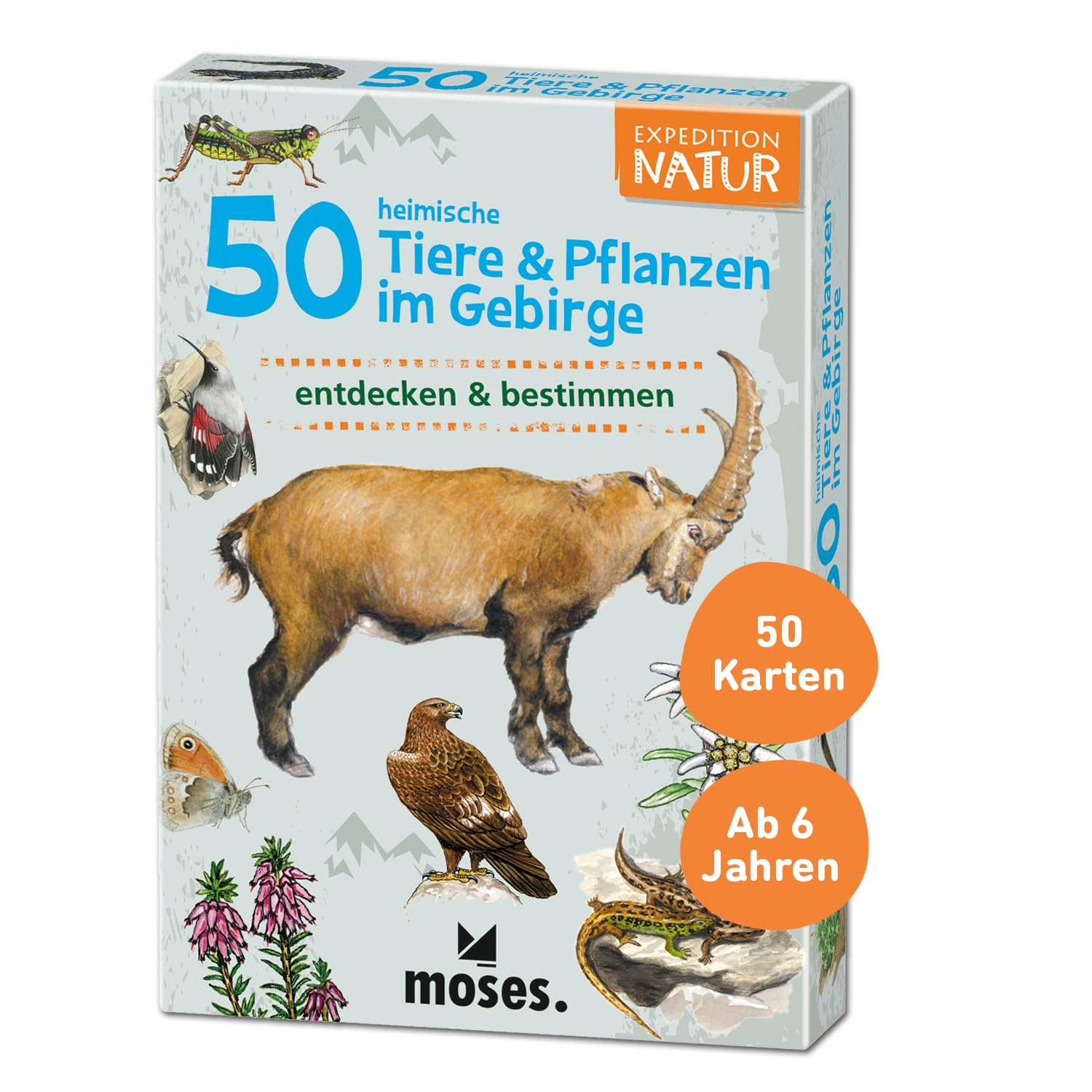 Moses. 9762 Expedition Natur 50 Native Animals and Plants in the Mountains, Destination Cards in Set, with Exciting Quiz Questions, Medium