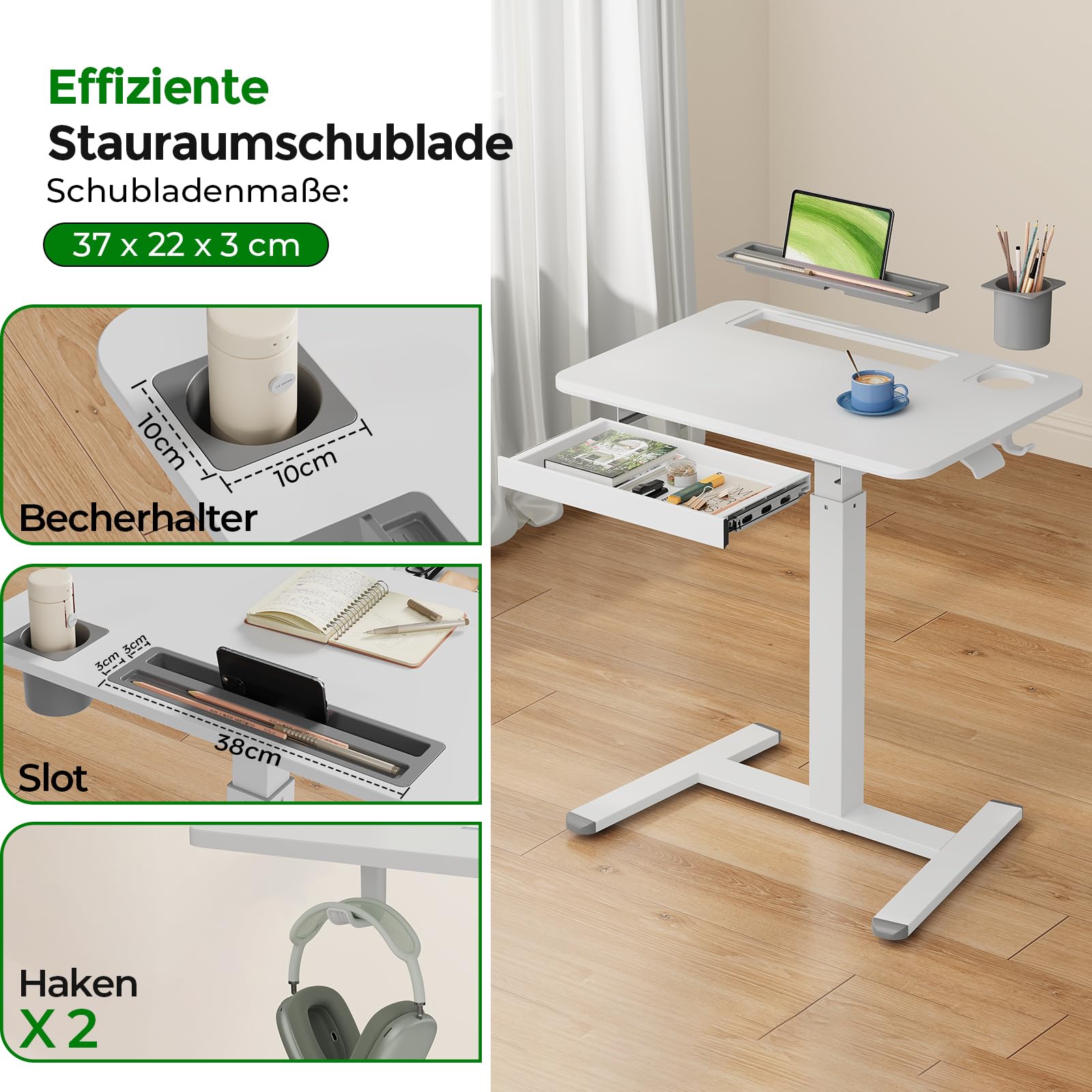 Gibbon Mounts 70x50cm höhenverstellbarer Schreibtisch mit Schublade, Rollen | Weiß Mobiler Laptoptisch mit Handyfach, Halter & Haken, 3cm flacher Sockel für enge Lücken, 4 bremsbare Räder als Ersatz inkl