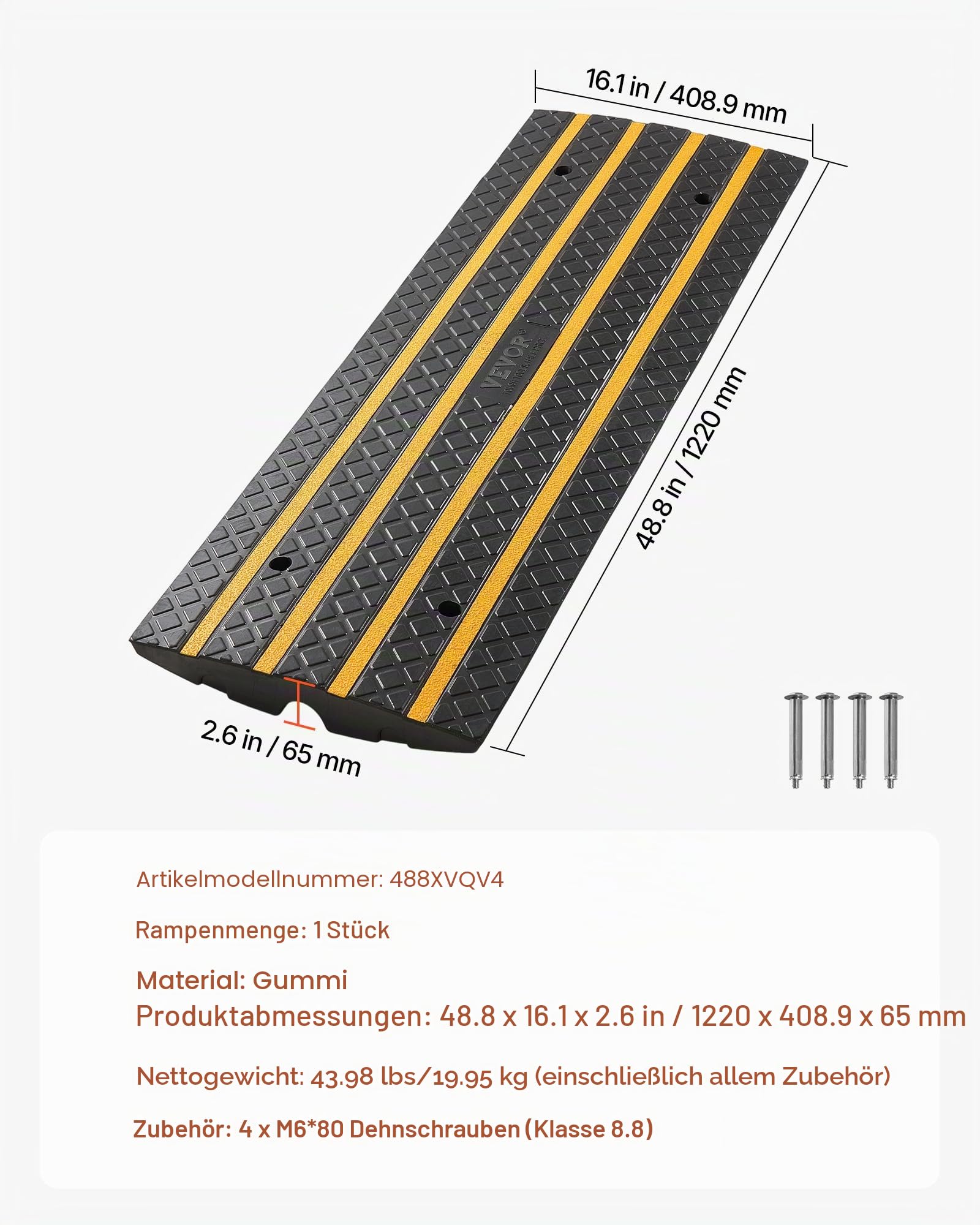 VEVOR Gummi-Bordsteinrampe, 15 Tonnen Tragkraft, 66 mm Anstieg, Auffahrtsrampe mit gelben Reflektorstreifen, Schwellenrampe geeignet für Laderampe, Lager, Garage, Gehweg (1 Stück)