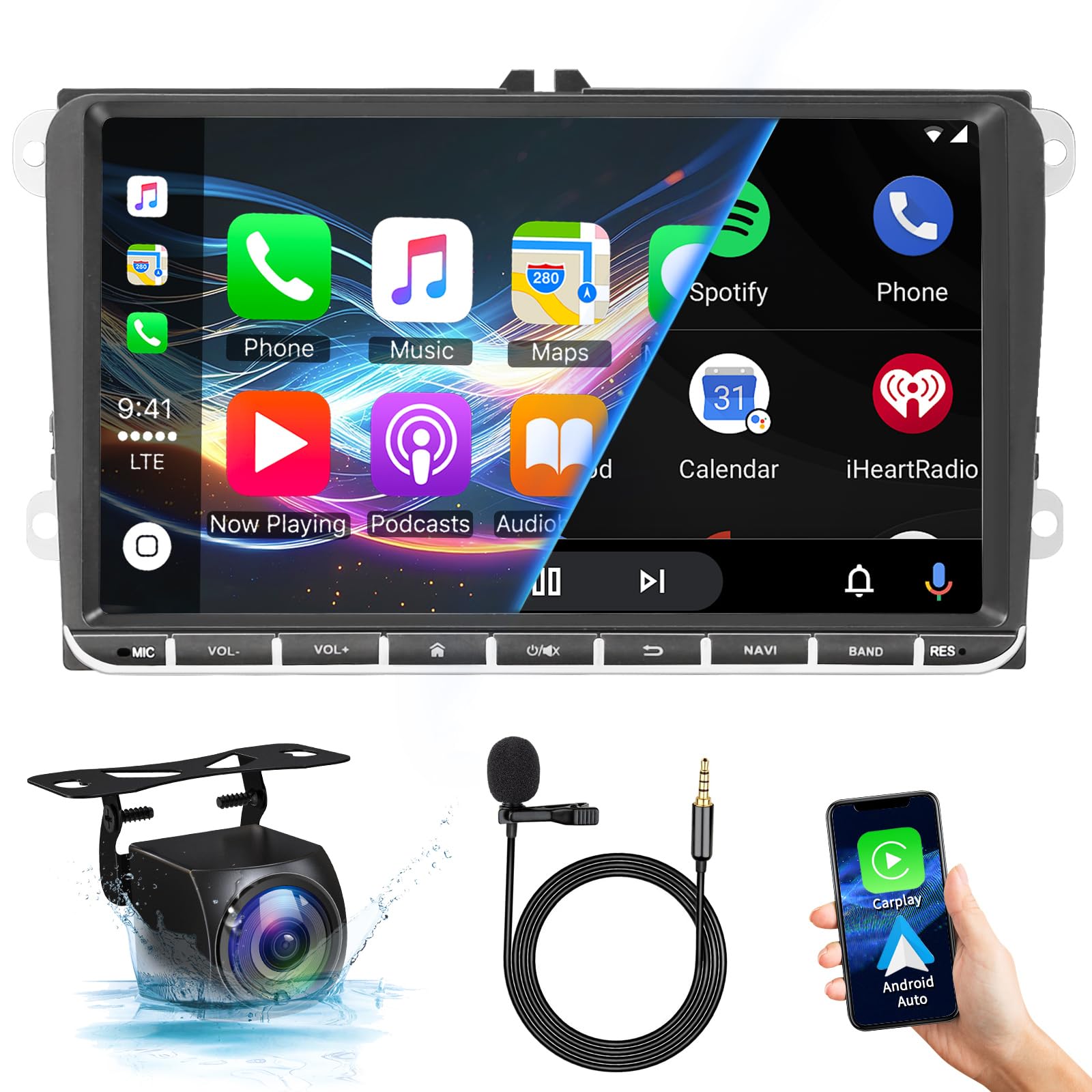 9 Inch Touchscreen Android Bluetooth Car Radio for VW Passat Jetta Golf Seat Tiguan Polo Skoda MK5, 4G+64G with CarPlay/Android Auto/GPS Navi/Backup Camera/SWC/DSP/Voice Control/FM Radio