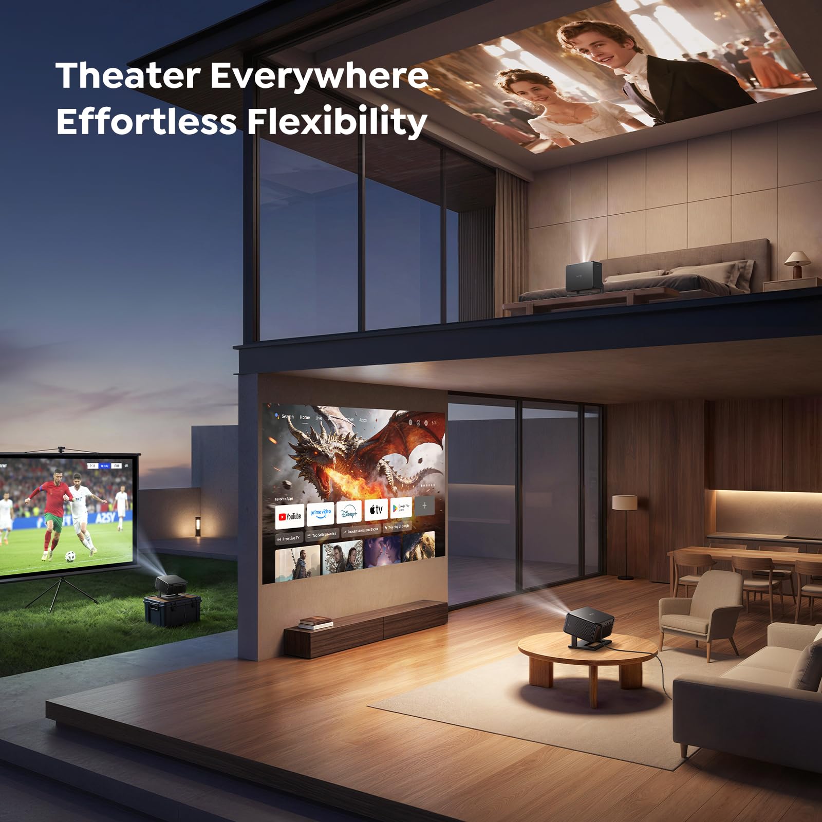 Smart Projector [Bundled with Google TV Stick & 4K Support] with WiFi and Bluetooth, Portable Mini Movie Short Throw Projector Outdoor with Built-in Apps Auto Focus for Home Theater Bedroom Ceiling — view 7