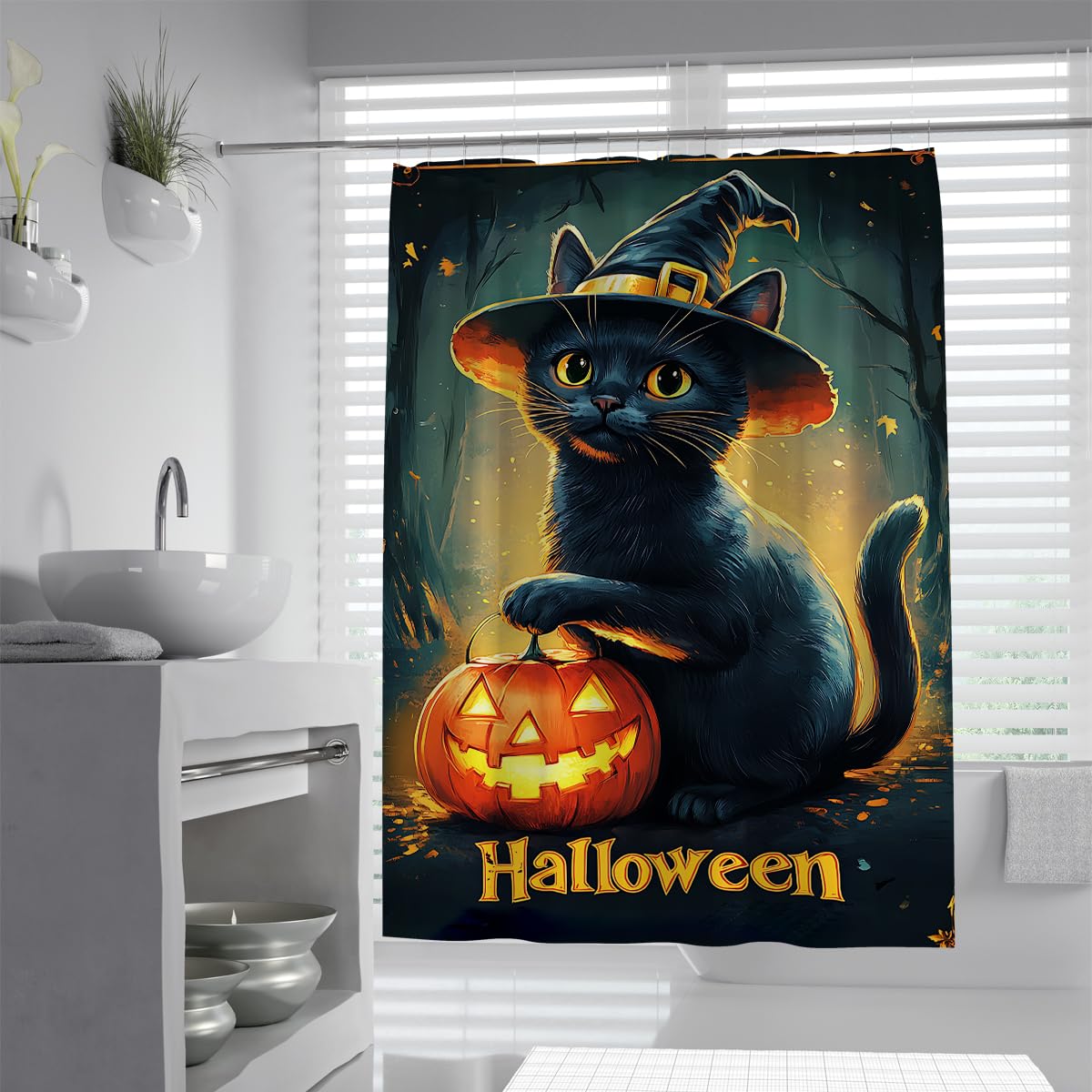 UIRINGART Cute Halloween Black Cat Bath Screen W150xL180cm Witch Hat Pumpkin Lantern Graphic Quick Drying Waterproof Shower Curtains for Walk-in Shower with Hooks
