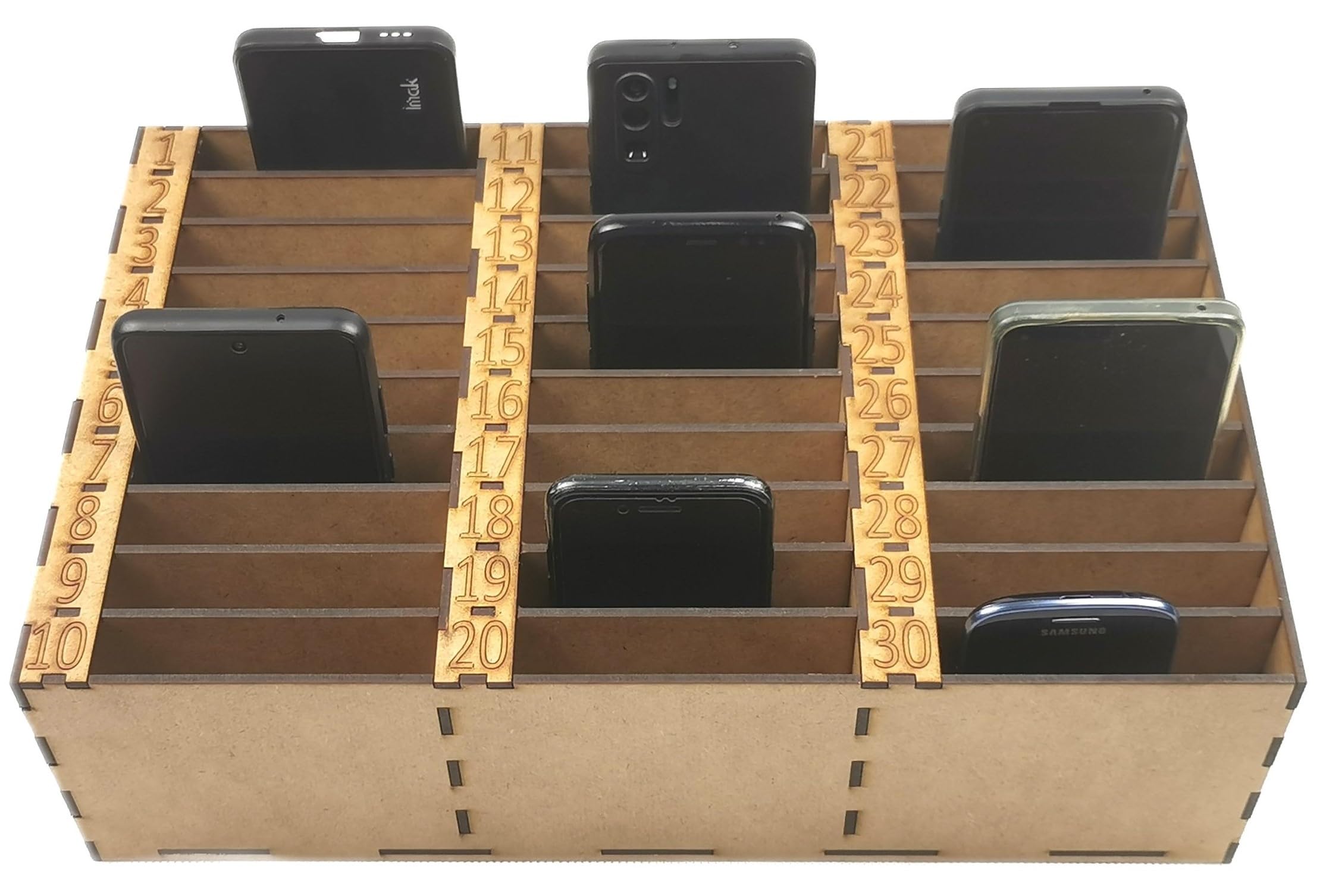 Boîte de rangement pour téléphone portable avec 30 compartiments numérotés - Support de téléphone portable en bois pour salles de classe, formations et séminaires - Boîte de rangement pour