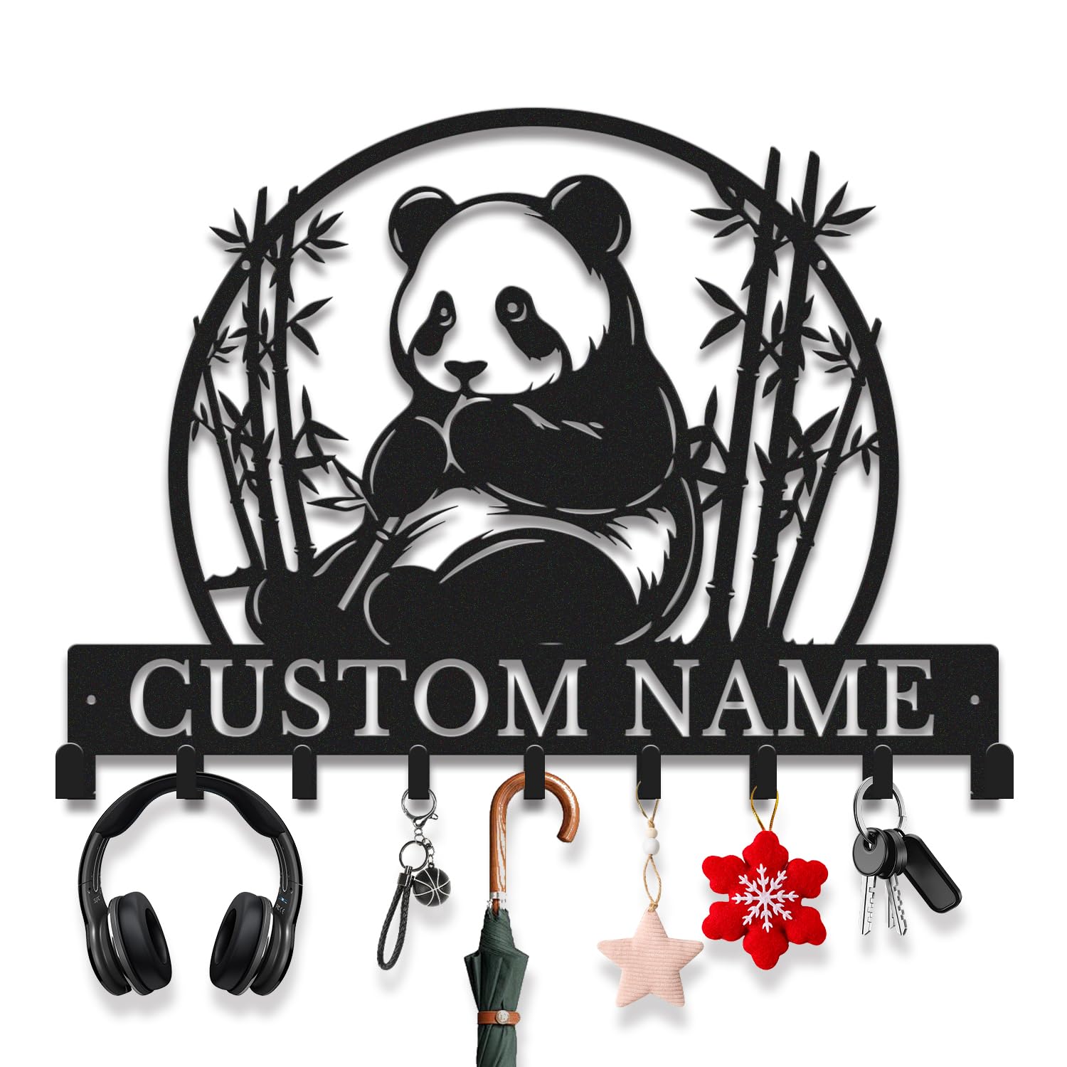 Avalox Personalized Panda Key Holder with Key Hooks – Custom Name Metal Wall Organizer for Entryway, Living Room, Patio, Unique Key Rack for Keys, Leash, Lanyard (Style-1)