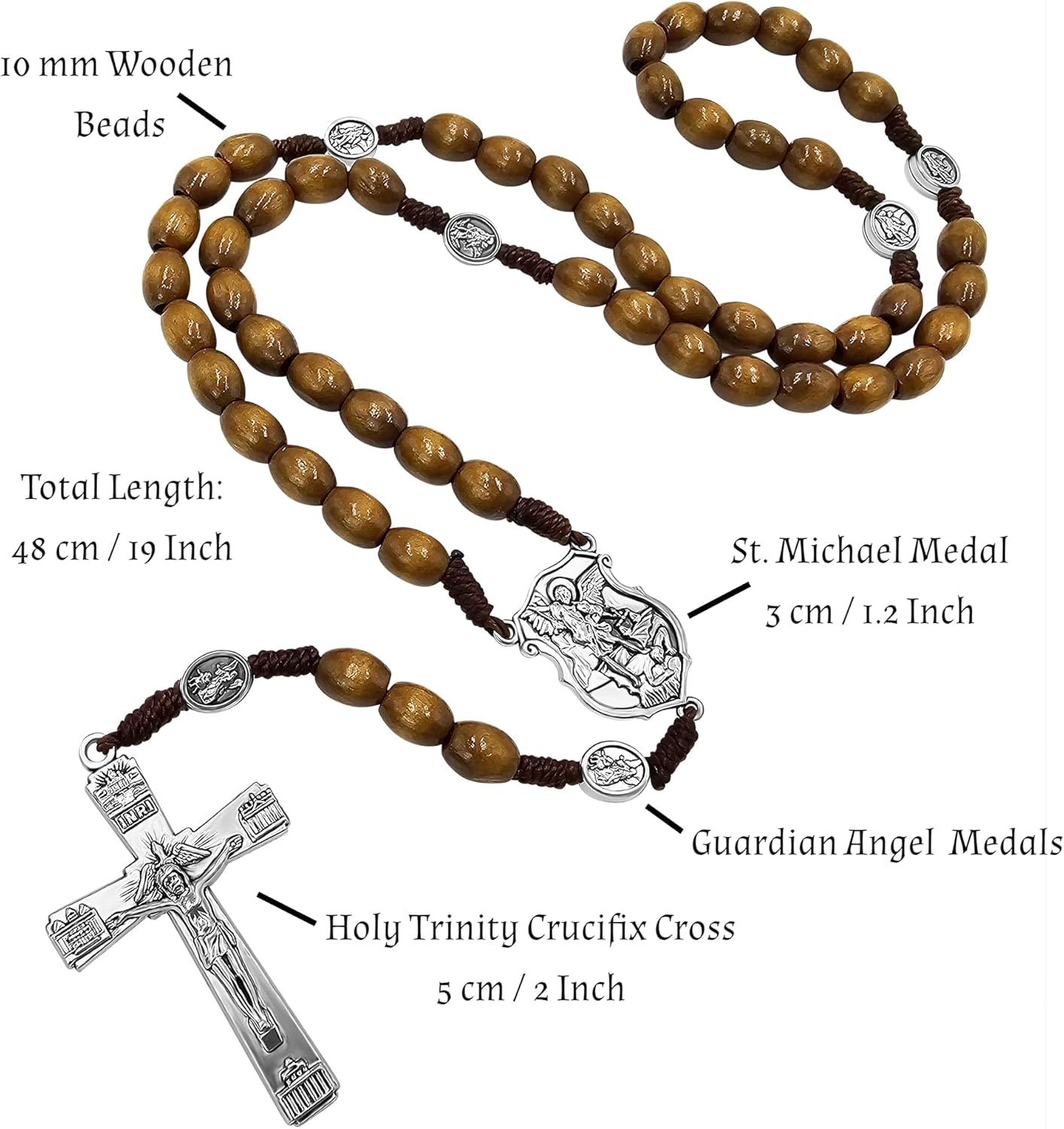 TALISMAN4U Saint Michael the Archangel Solid Wood Rosary Beads Catholic Necklace for Men Holy Trinity Cross Crucifix Guardian Angel Medals Corded Rosaries Gift Rosary Pouch & Prayer Card - Image 2