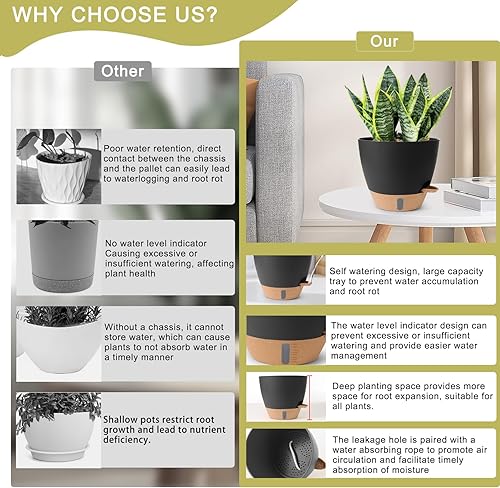 Miniatura 6 de Macetas WEICHENGXING, Macetas Grandes de Plástico Auto-Riego de 121098 Pulgadas para Interior y Exterior con Agujeros de Drenaje, Depósito Profundo,