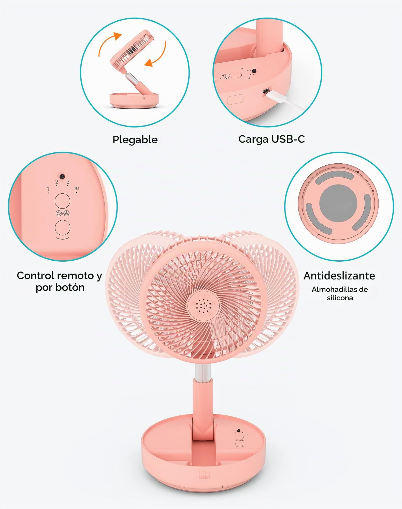 Primevolve Ventilador oscilante portátil de pie, recargable por batería, ventilador USB de mesa con control remoto, ventilador para dormitorio, camping, viajes, rosa, 19,6 cm