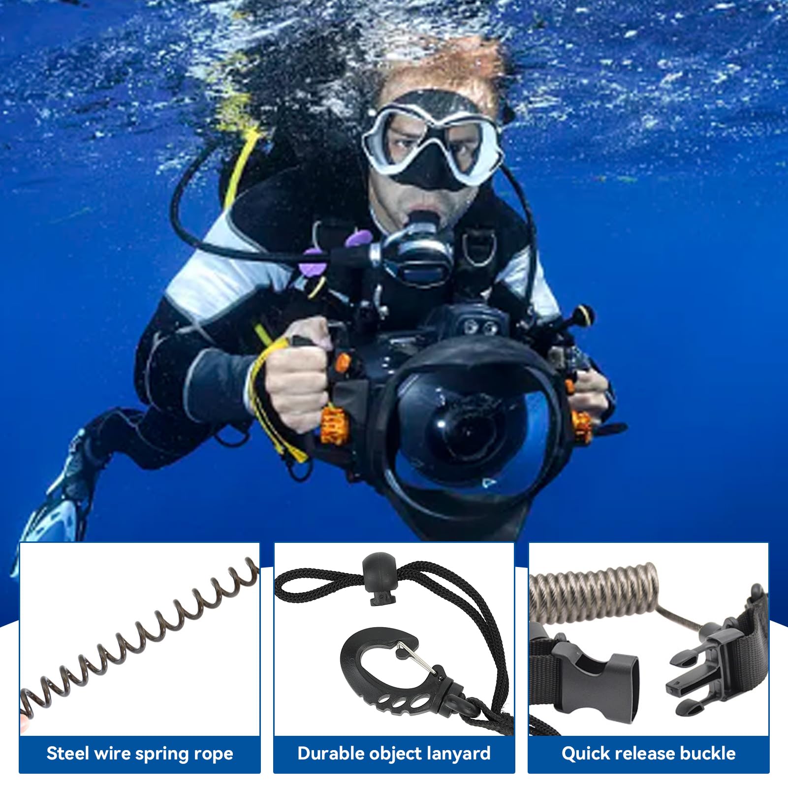 2 Pezzi Clip Fibbia Sgancio Rapido Cordino Spirale, Cordino da Immersione Cordino Subacquee con Clip Sgancio Rapido Cordini per Fotocamere Subacquee, Cinturino Anti Guinzaglio