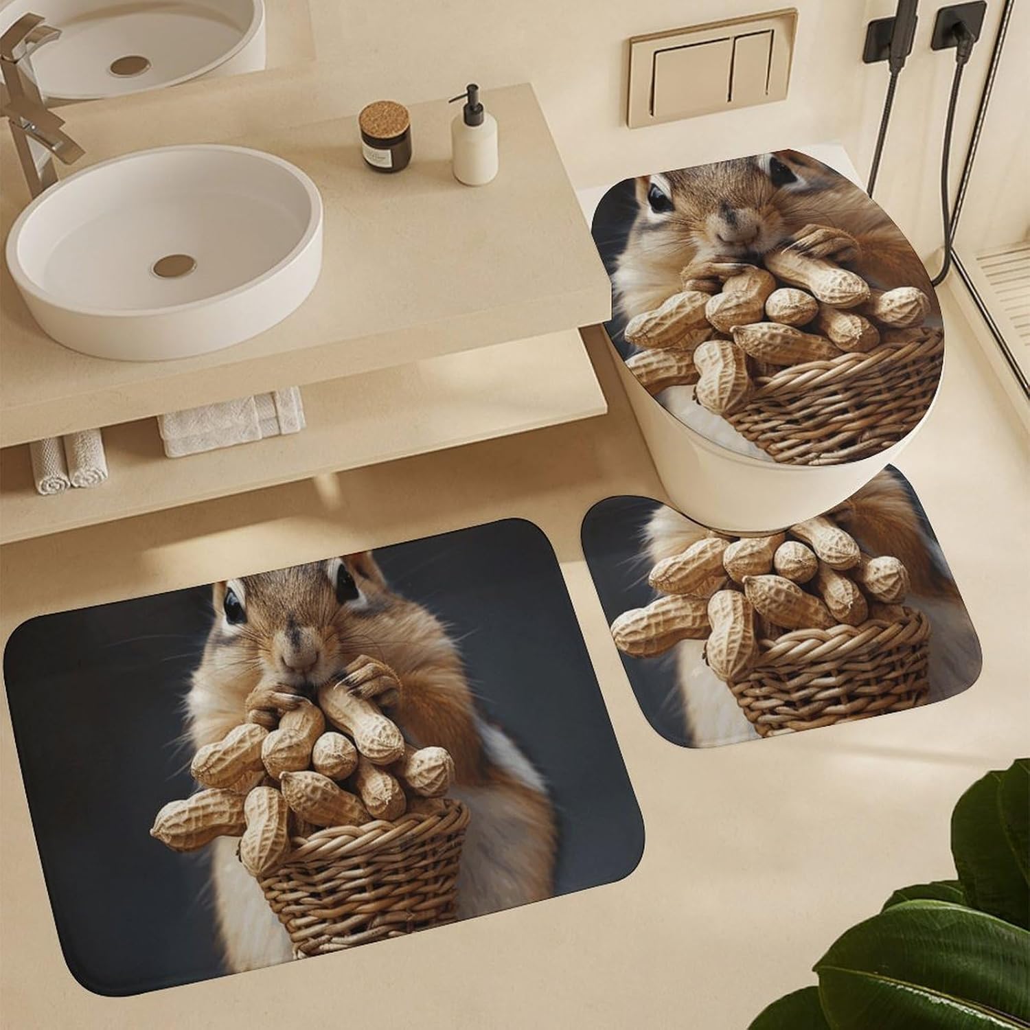 Squirrel and Peanut Shower Curtain Set 4 Piece, Non-Slip Bath Mat with Toilet Lid Cover and Waterproof Shower Curtain with 12 Hooks, Complete Bathroom Set for Home Decor