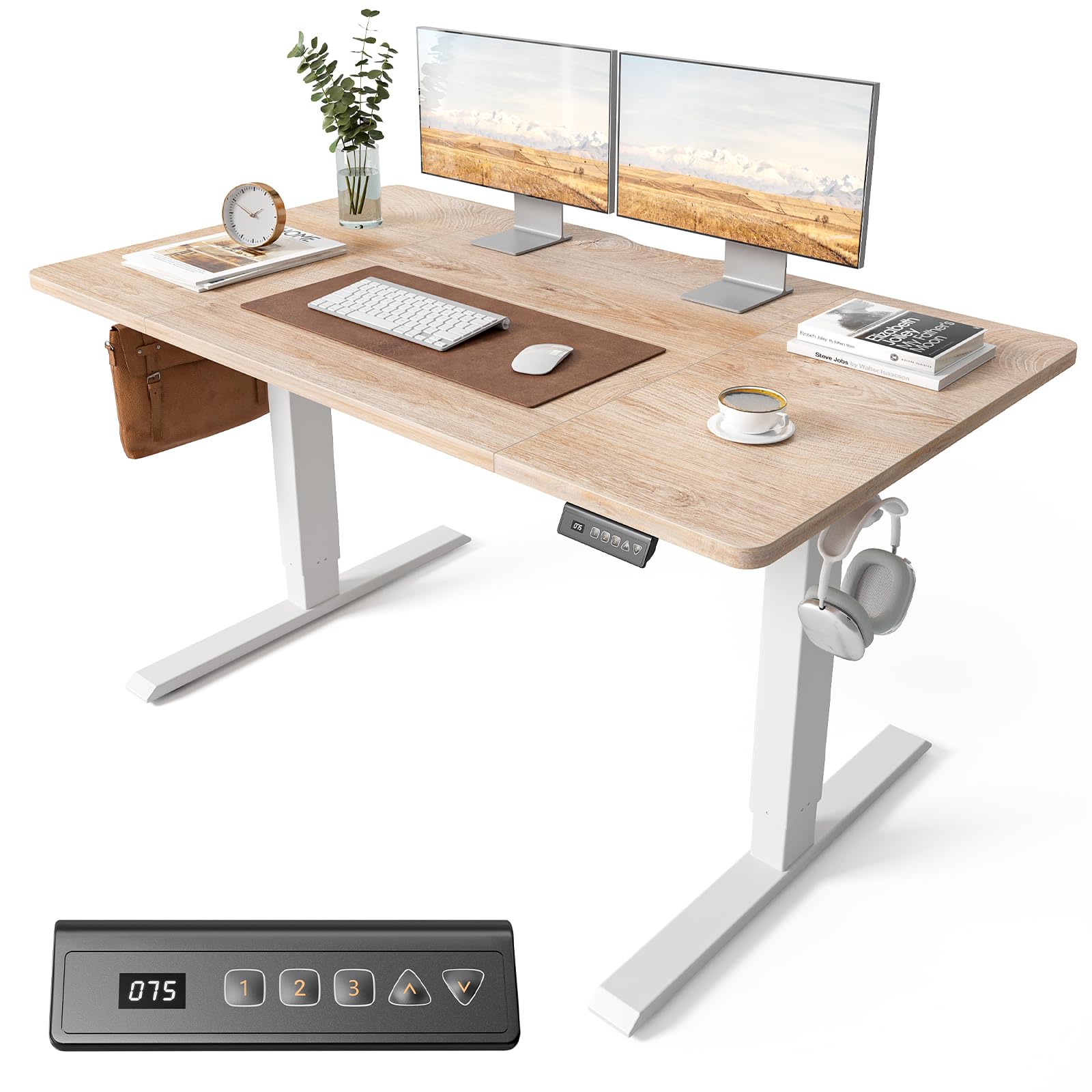 Cubiker Electric Standing Desk Height Adjustable For Gaming and Computer, 140 x 70cm Sit Stand Electric Home Office Desk with Memory Smart Pannel, 4 Pieces Splice Board, Oak
