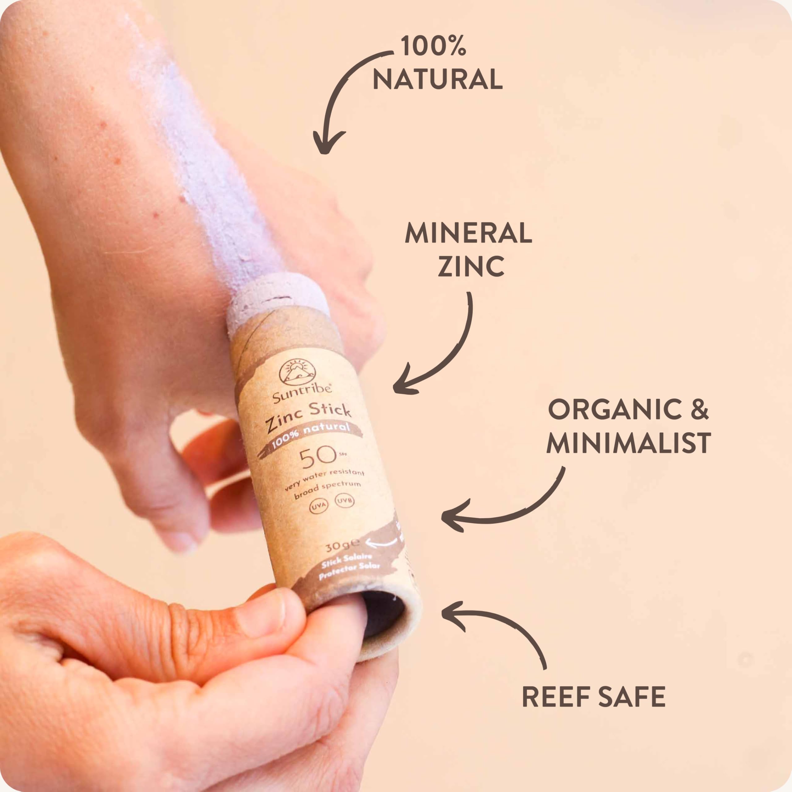 Suntribe Naturalny cynkowy sztyft przeciwsłoneczny - SPF 30 - bezpieczny dla raf koralowych - mineralny filtr UV (tlenek cynku) - 4 składniki - ODCIEŃ BŁOTA (30 g)