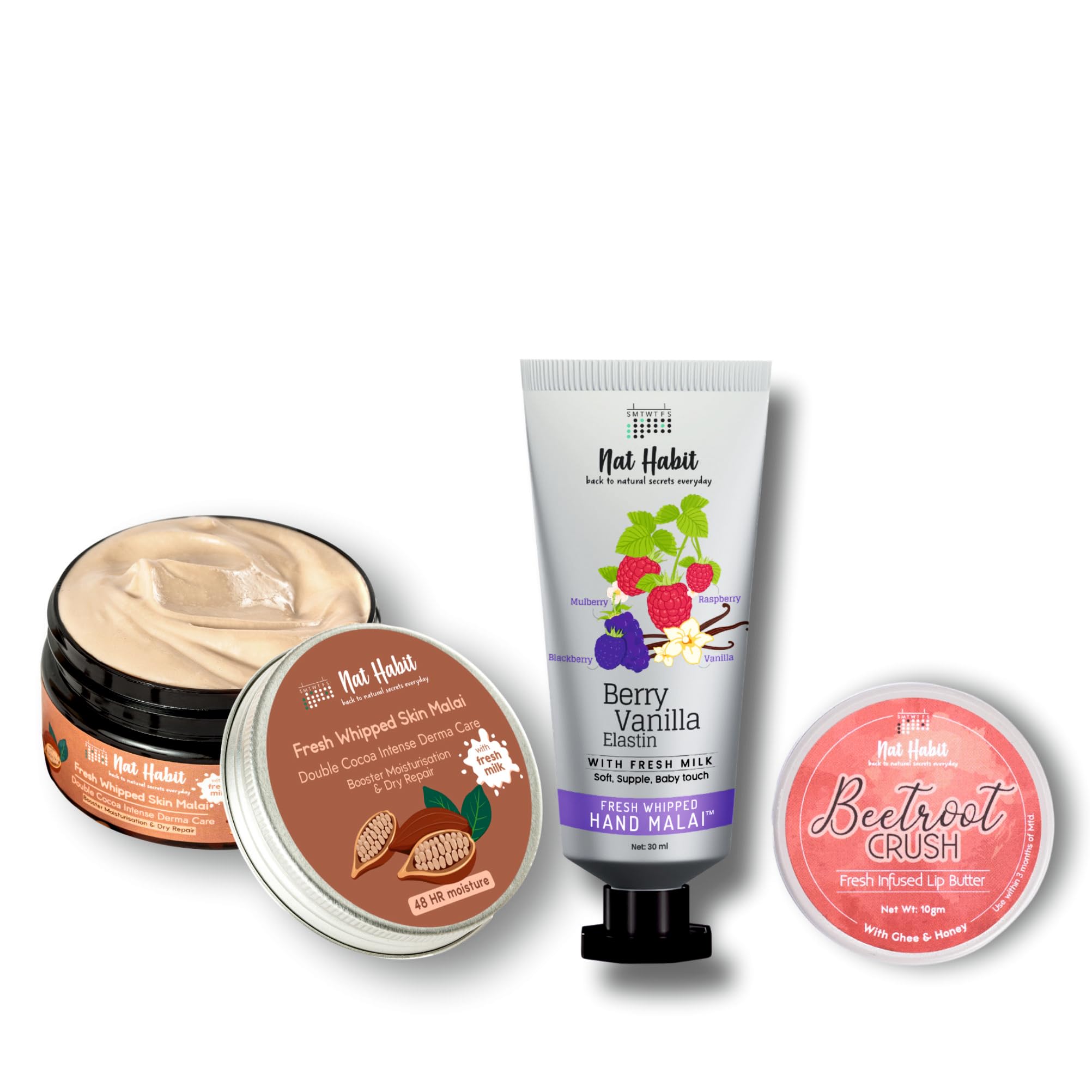 Winter Nourishment Combo | Double Cocoa Body Moisturiser, Berry Vanilla Hand Malai & Beetroot Lip Butter | Deep Hydration for Dry Skin, Hands & Lips