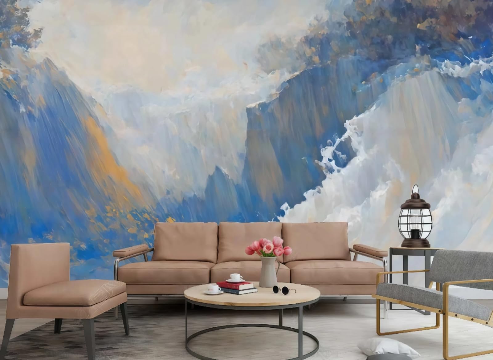 Papier peint bleu clair salon et chambre art falaise pour une déco de fond de canapé TV