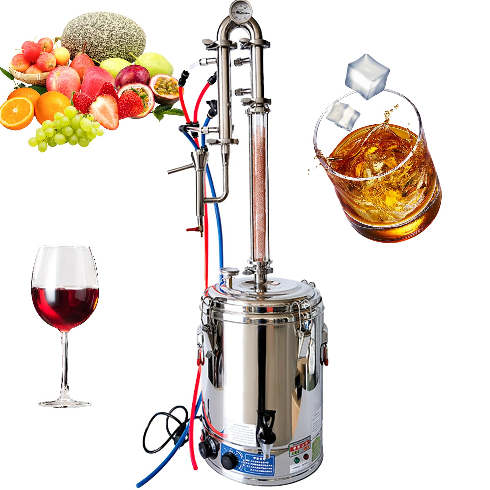 Kit de destilería, Kit de destilador de Alcohol para Uso doméstico de 2800 W, Gran Capacidad de 25 l, con Columna de Cristal de 1,5 Pulgadas, termómetro Incorporado, termómetro Incorporado
