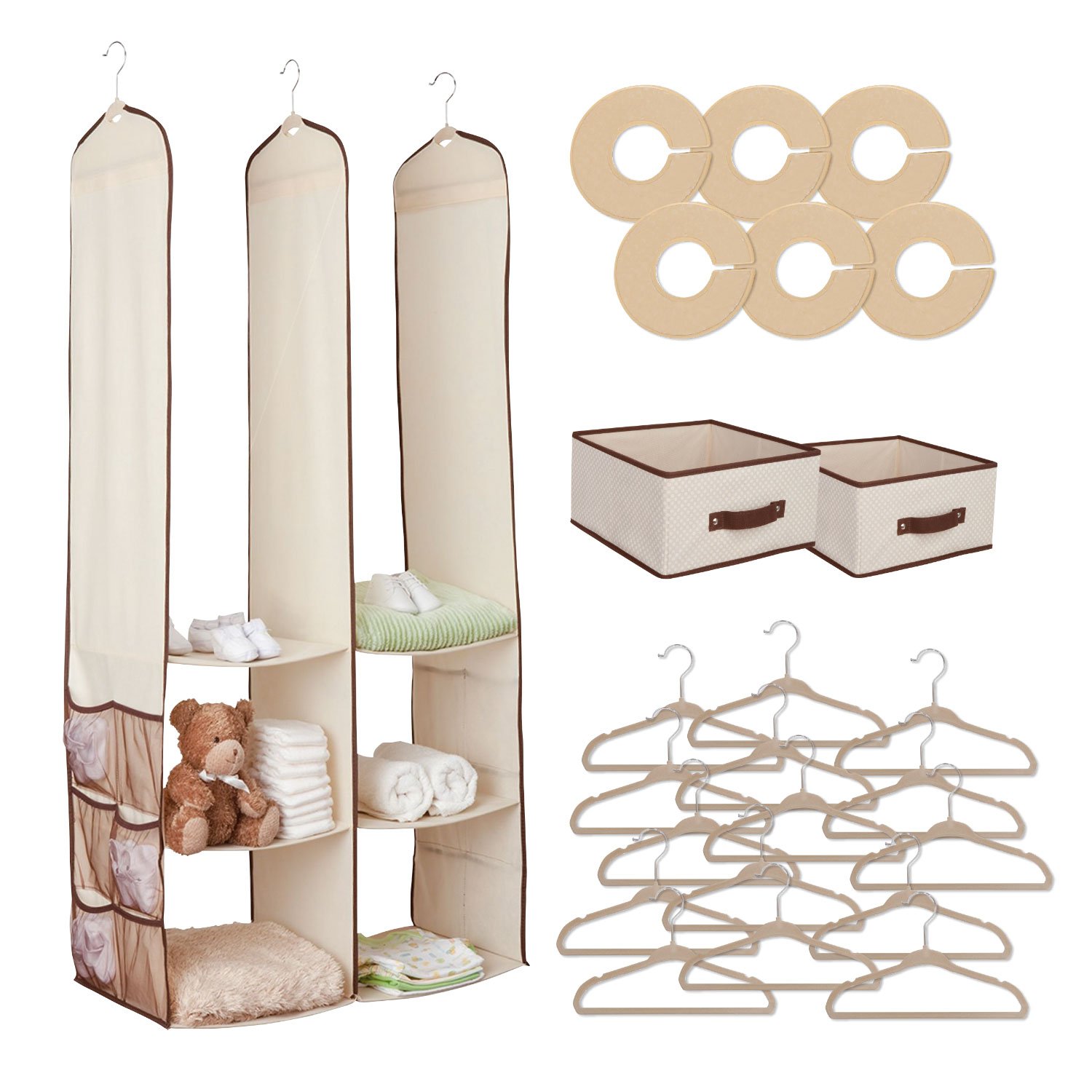 Top Home Solutions Beige 24Pc Childrens Kids Baby Nursery Closet Drawer Organiser Hanging Wardrobe Storage Solution Shelf Clothes Hangers - Keeps Bedroom, Nursery & Closet Clean (Beige)