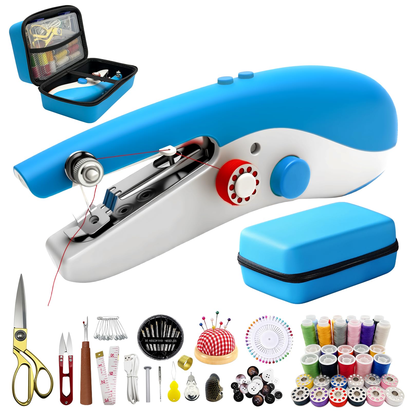 Photo 1 of **MISSING THE RECHARGEABLE BATTERIES** Portable Handheld Sewing Machine with 110 PCS Sewing Kit & Blue Leather Case, Dual-Speed, Built-in Work Light, Dual Power Supply. Perfect for Home & Travel, for Adults & Beginners, for Clothes & Jeans
