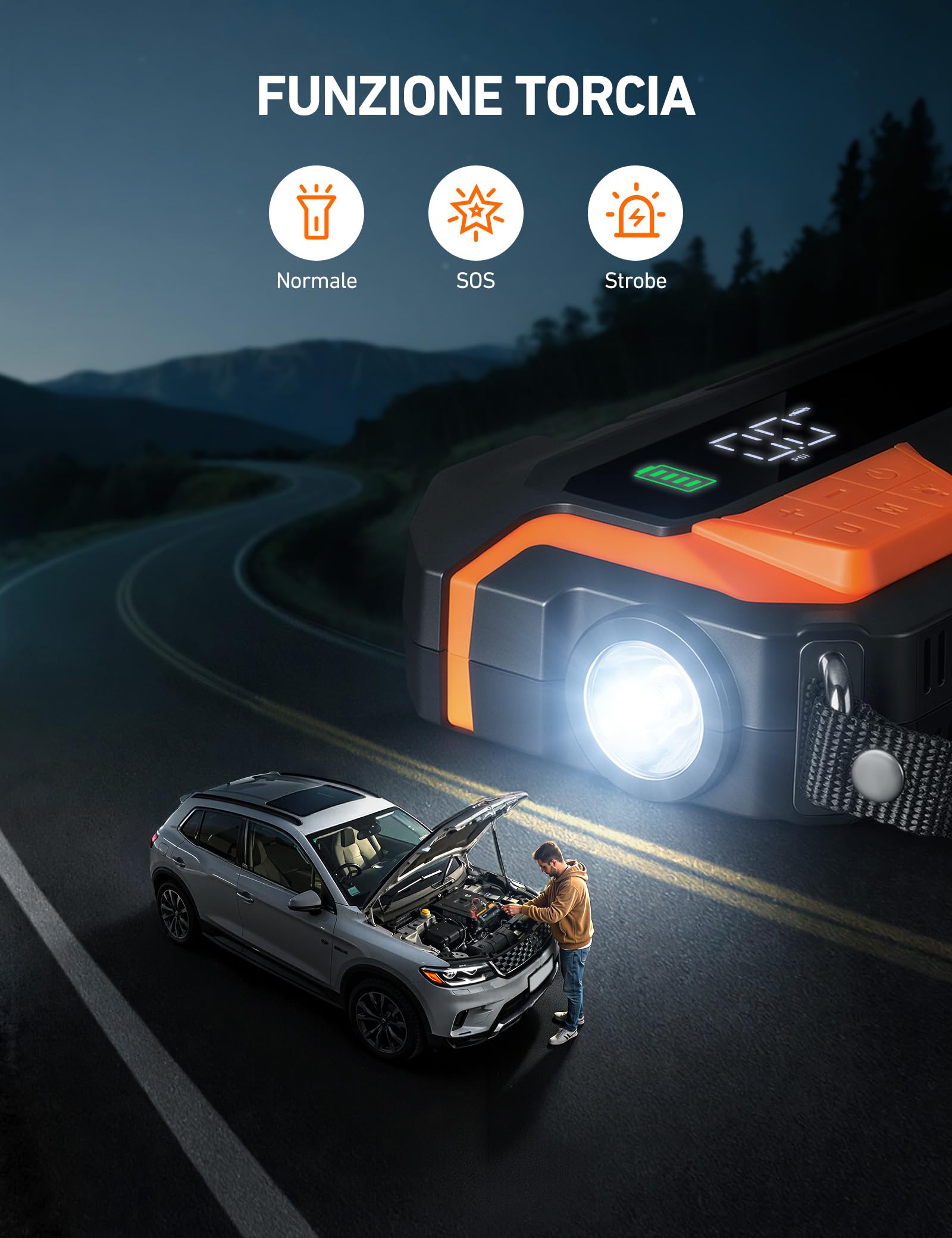 AstroAI MF16 Booster Avviamento 8000A & 150PSI Compressore Aria Portatile, Avviatore di Emergenza per Auto/Moto (10L Benzina/8L Diesel) con Torcia LED&Display