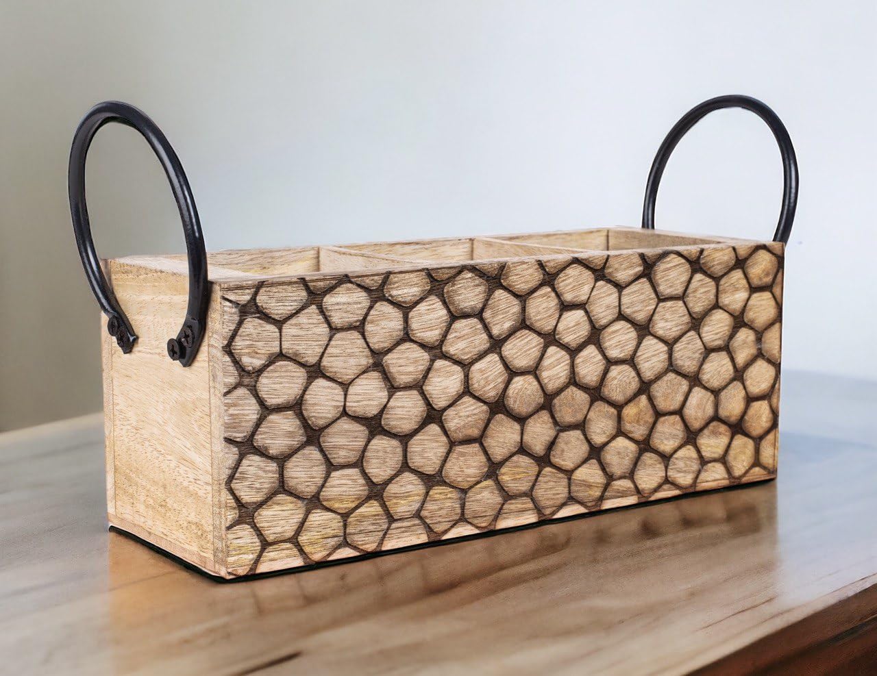 "Rustic Wood Holder Cutlery Rack with Iron Handle | 3 Compartment Medium Size (11" x 4" x 4") | Wooden Spoon Organizer with Engraved Design | Kitchen Caddy, Cooking Tool Storage