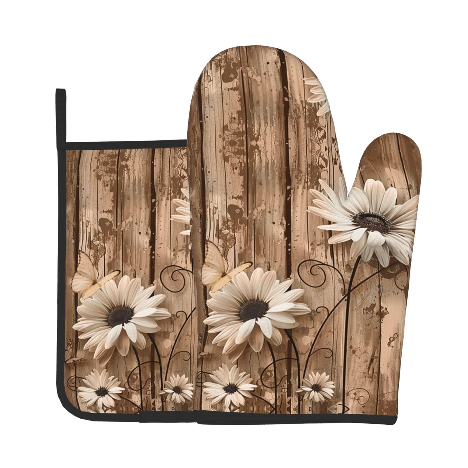 Rustic Daisy Oven Mitts and Pot Holders Sets Floral Butterflies Oven Gloves Heat Resistant Vintage Wood Grain Kitchen Mitts Hot Pads Two Piece Set for Cooking Baking Grilling BBQ