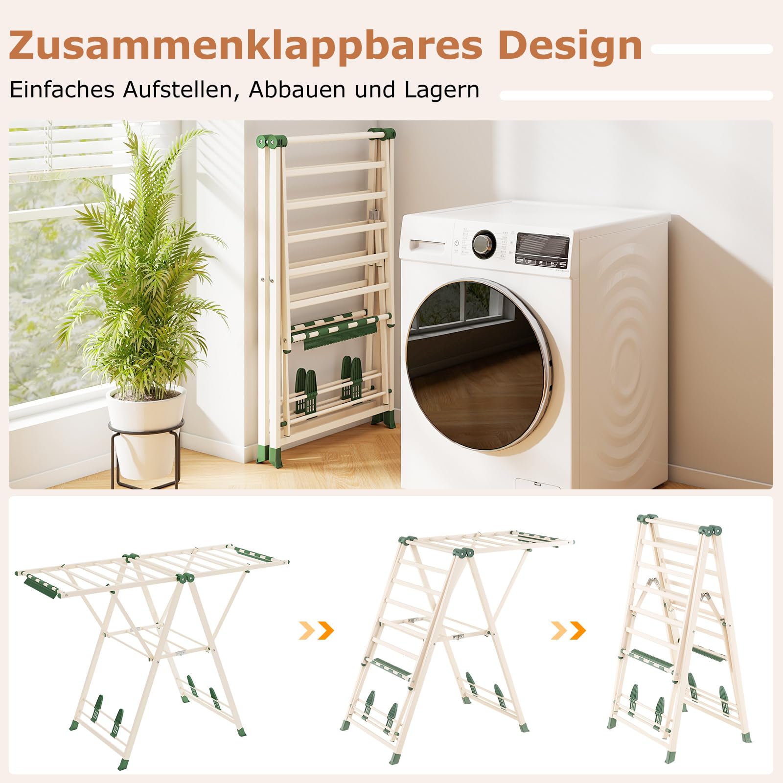 COSTWAY Wäscheständer klappbar mit verstellbaren Flügeln, Sockenklammern & Schuhablage, Wäschetrockner ausziehbar, Trockenständer freistehend für die Wäsche drinnen & draußen (Beige,141cm)