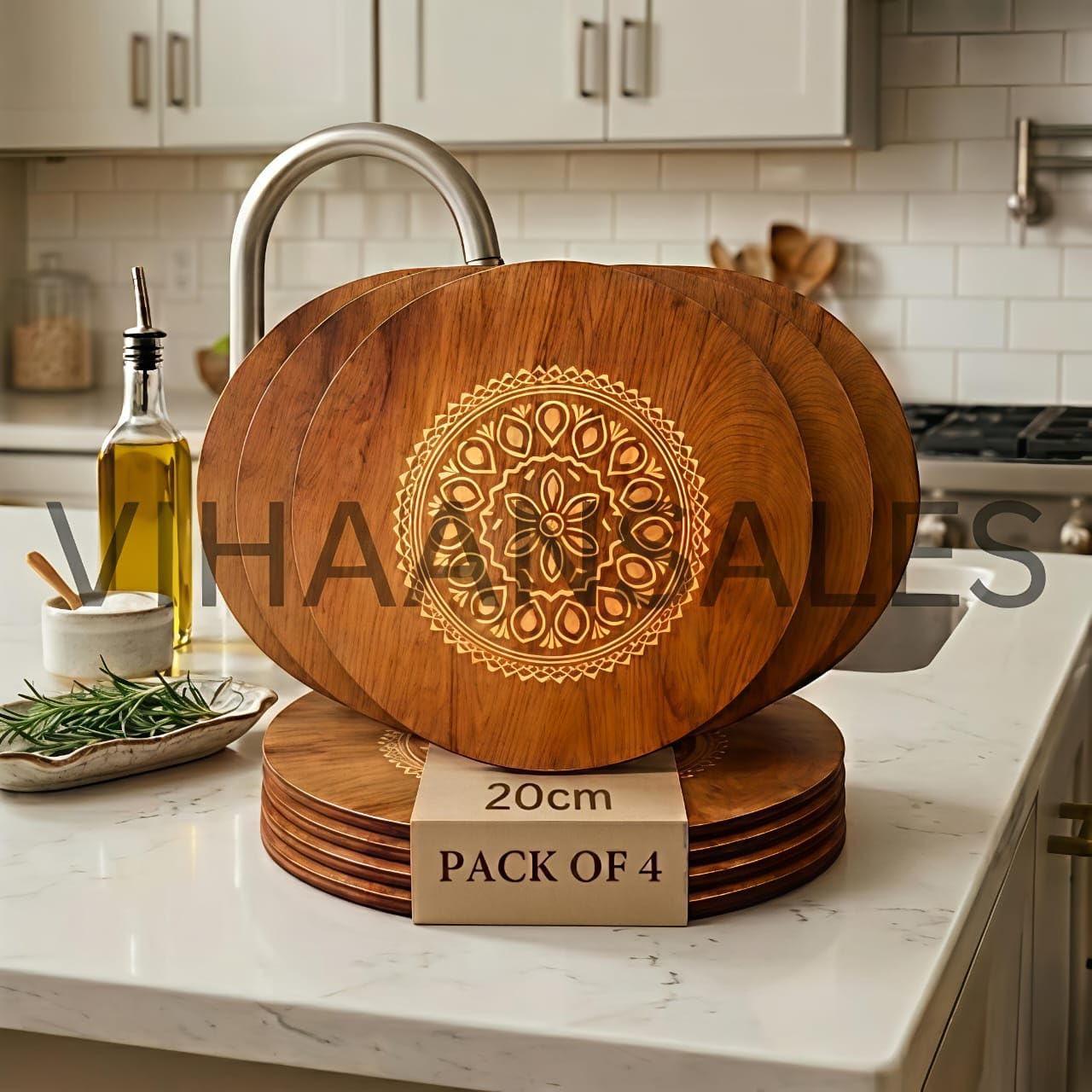 Wooden Coasters for Cups Set of 6 | Kitchen Accessories Items for Your Home, Office | Dining Table Decorative Items for Coffee Mug, Tea Cups, Glasses | 8.5 x 8.5 cm [with Stand]-image-43