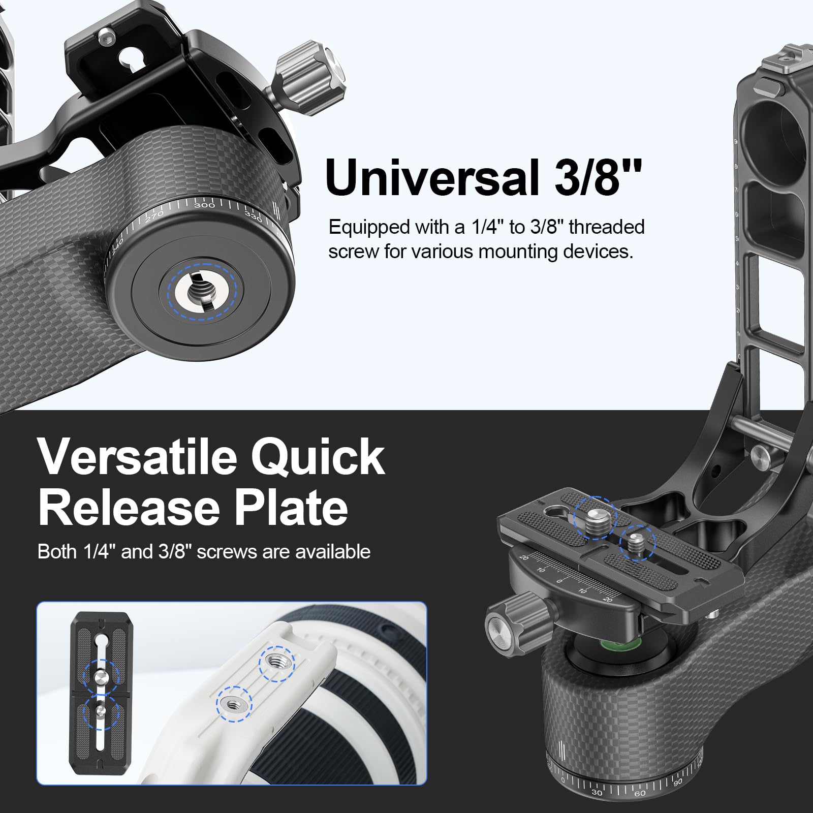 WEYLLAN Gimbal Testa Treppiede Professionale in Fibra di Carbonio, Gimbal Testa Panoramica a 360°, con Piastra a Sgancio Rapido Arca-Swiss da 1/4'' e 3/8'', per fotocamera DLSR, Carico Max 20kg