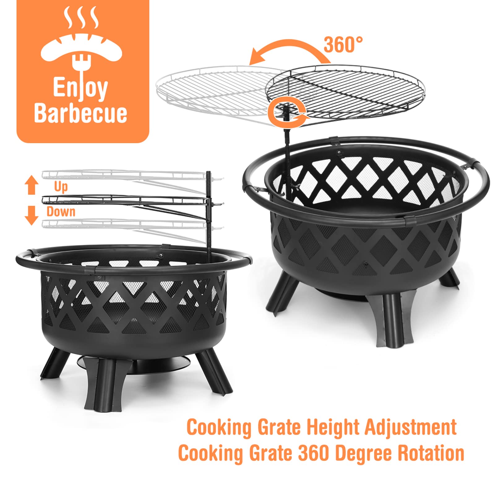 2 in 1 Fire Pit with Cooking Grate 30'' Wood Burning Firepit Outdoor Fire Pits Steel Firepit